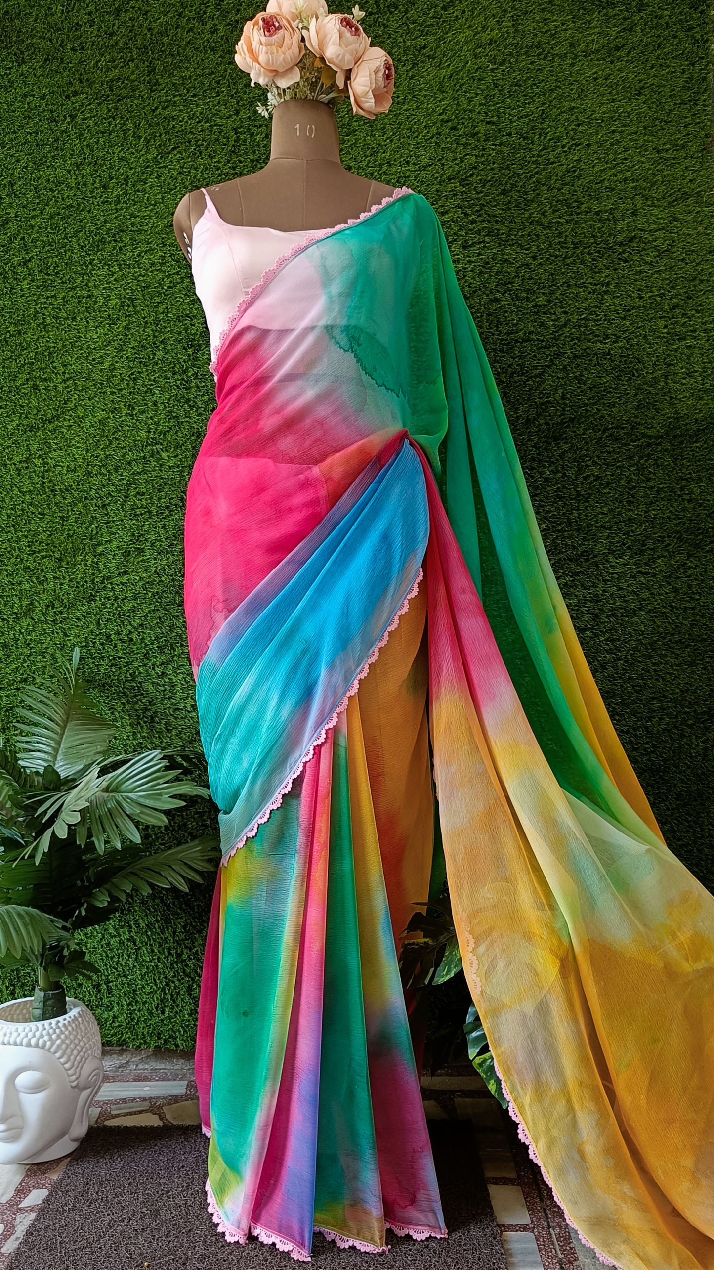hand dyed, most popular, latest collection, chiffon saree, fancy Elegant, latest design, Beautiful saree, Trending now, Bollywood actress, alia bhatt inspired, alia chiffon sari, sarees 2023, designer Manishmalhotra, multi color dyed, tie and dye