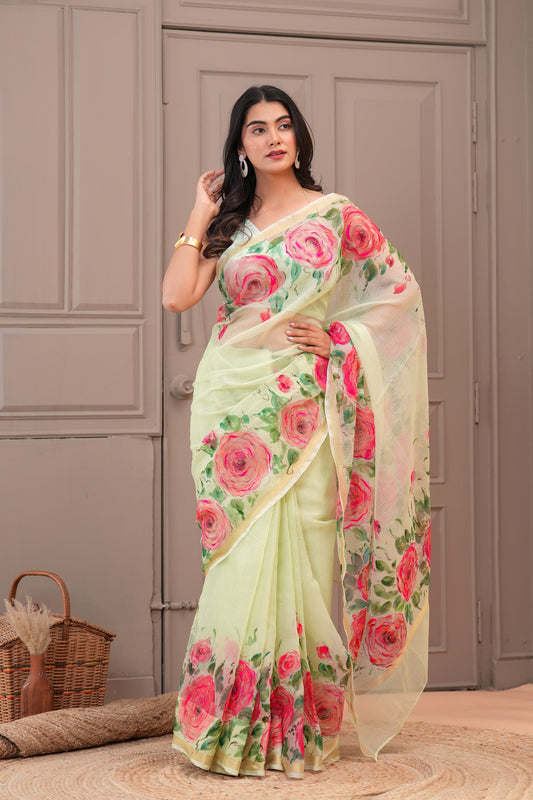 Elegant Hand-Painted Kota Saree with Bright Rose