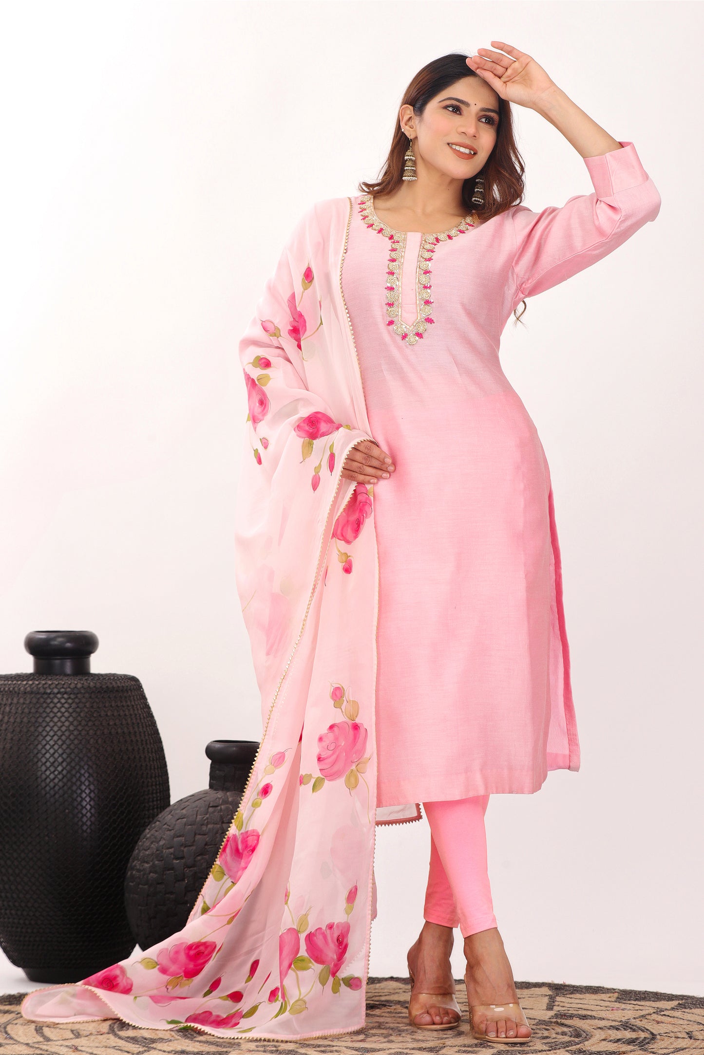 HAND PAINTED PINK ROSE STRAIGHT SUIT