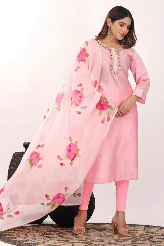 HAND PAINTED PINK ROSE STRAIGHT SUIT
