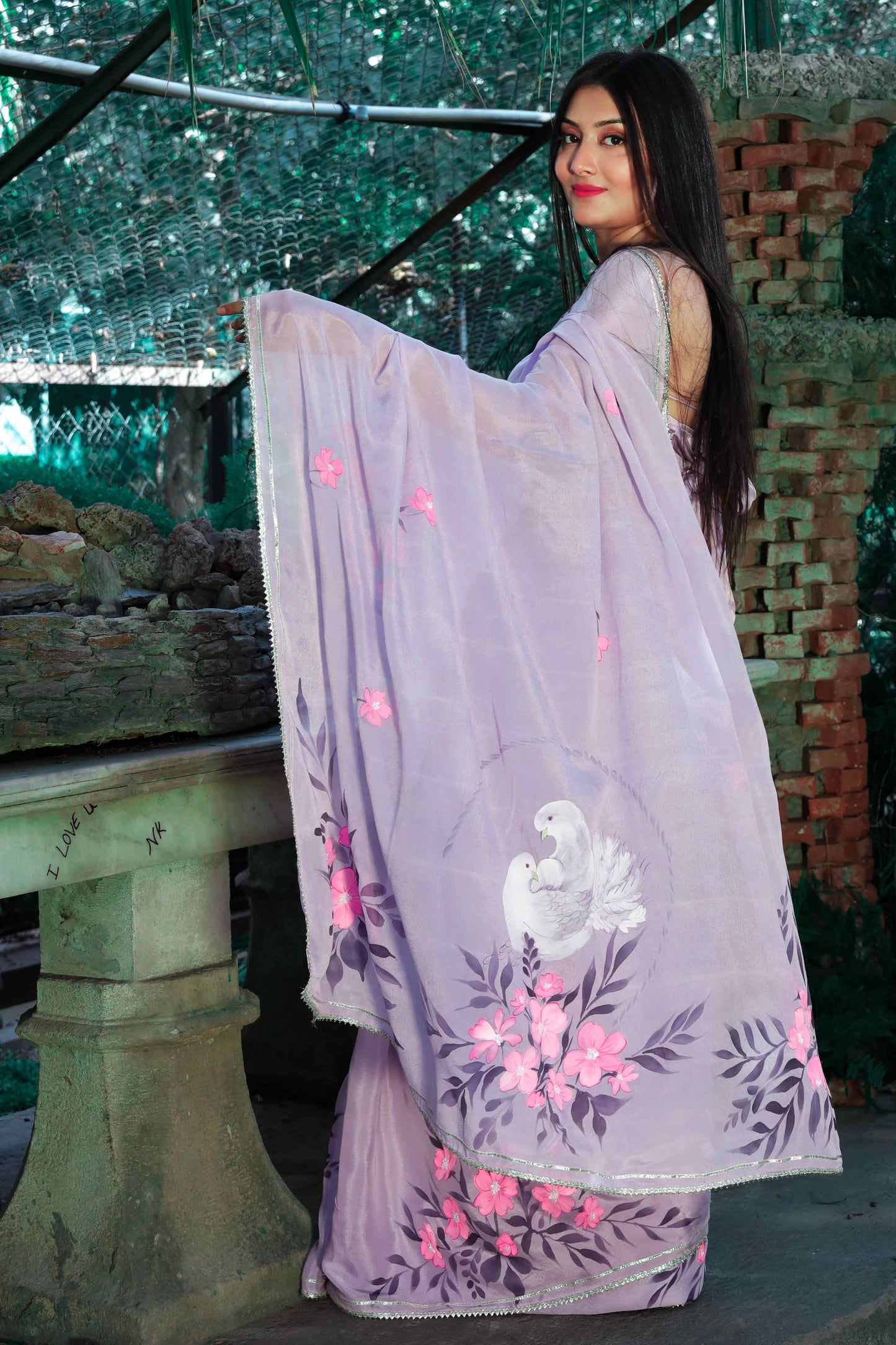 Hand-Painted Lavender Crepe Chiffon Saree with Fuchsia Flowers and Pigeons - Sequin and Bead Embroidery. Perfect for Party Wear, Engagement, or Farewell Saree Look. This Pure Silk Saree Features Exquisite Cloth Painting and Textile Paint for Fabric. Elevate Your Saree Style with Traditional and Stylish Indian Saree Design
