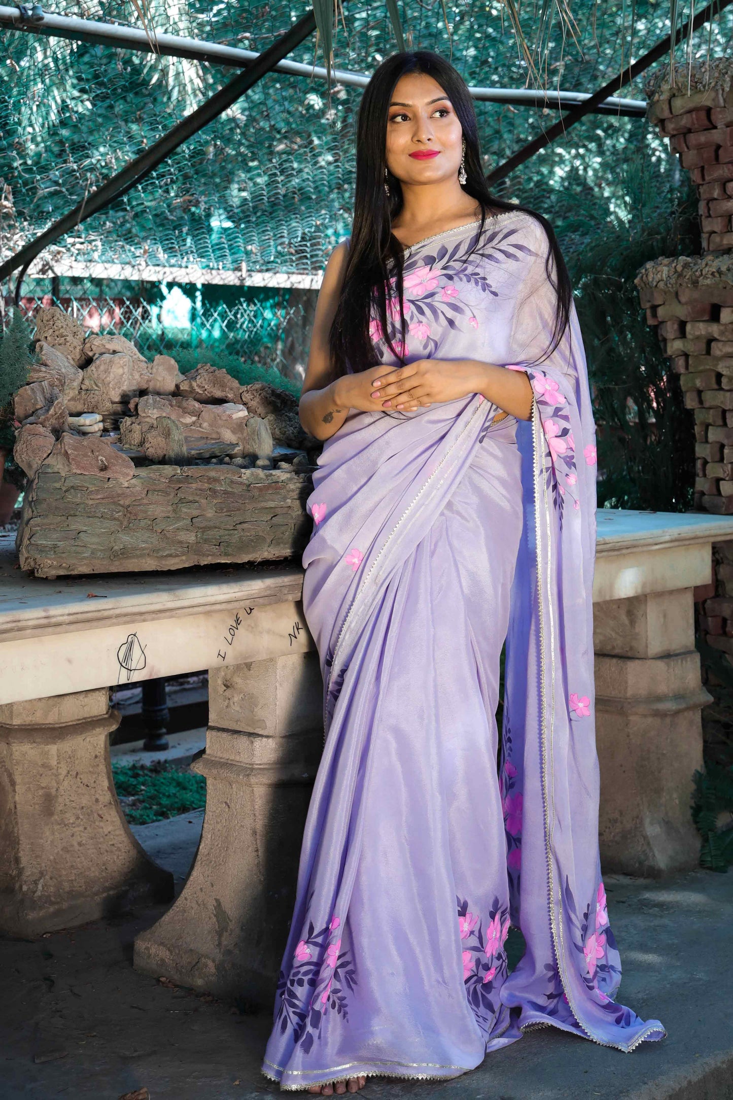 Hand-Painted Lavender Crepe Chiffon Saree with Fuchsia Flowers and Pigeons - Sequin and Bead Embroidery. Perfect for Party Wear, Engagement, or Farewell Saree Look. This Pure Silk Saree Features Exquisite Cloth Painting and Textile Paint for Fabric. Elevate Your Saree Style with Traditional and Stylish Indian Saree Design