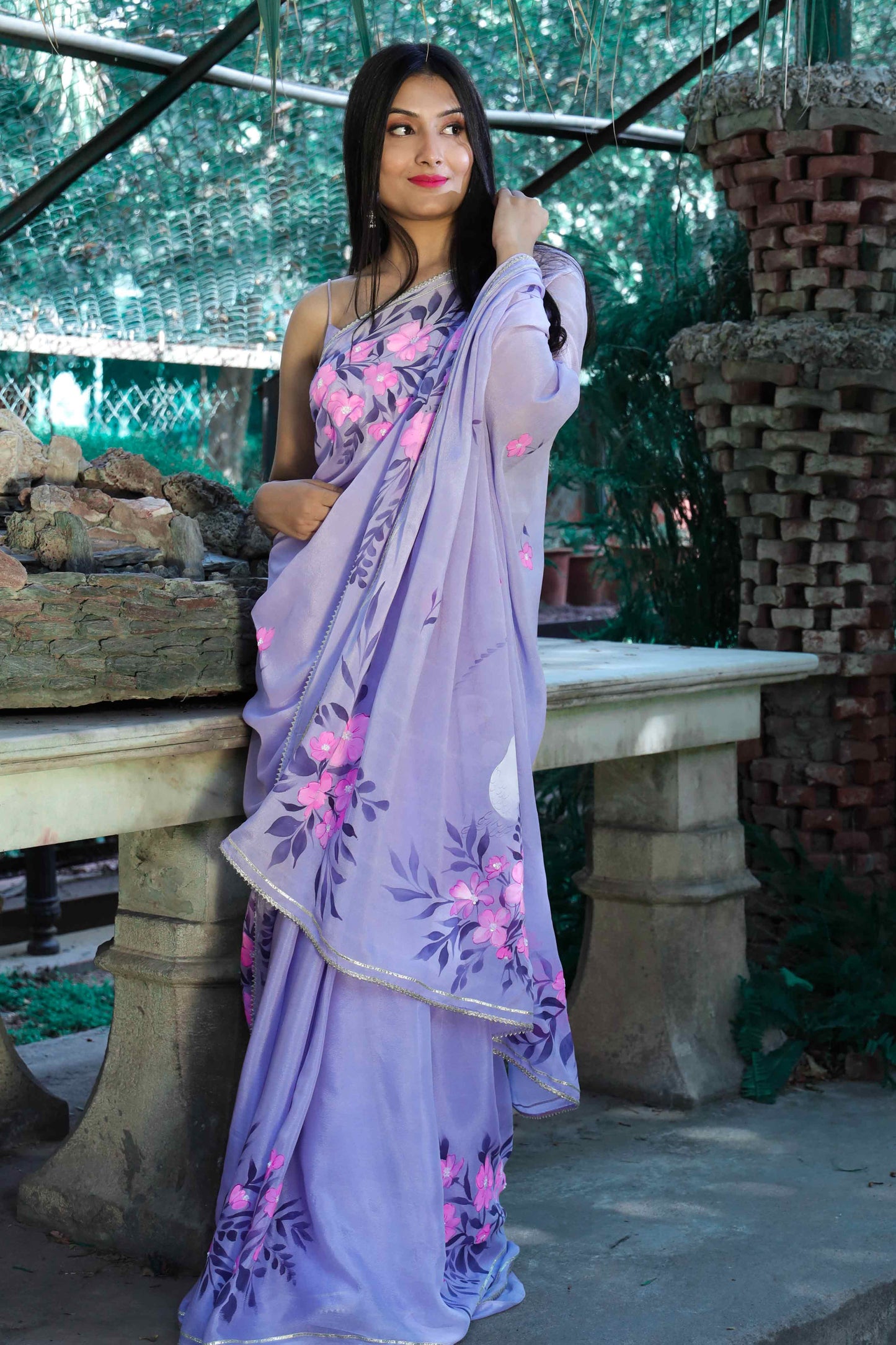 Hand-Painted Lavender Crepe Chiffon Saree with Fuchsia Flowers and Pigeons - Sequin and Bead Embroidery. Perfect for Party Wear, Engagement, or Farewell Saree Look. This Pure Silk Saree Features Exquisite Cloth Painting and Textile Paint for Fabric. Elevate Your Saree Style with Traditional and Stylish Indian Saree Design