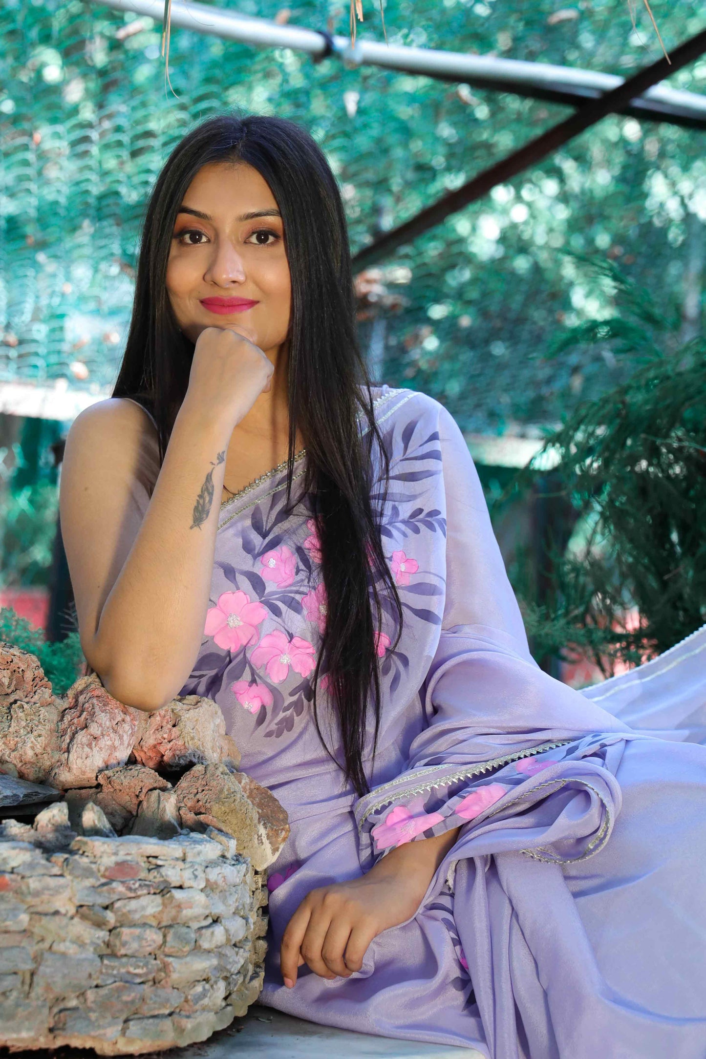 Hand-Painted Lavender Crepe Chiffon Saree with Fuchsia Flowers and Pigeons - Sequin and Bead Embroidery. Perfect for Party Wear, Engagement, or Farewell Saree Look. This Pure Silk Saree Features Exquisite Cloth Painting and Textile Paint for Fabric. Elevate Your Saree Style with Traditional and Stylish Indian Saree Design