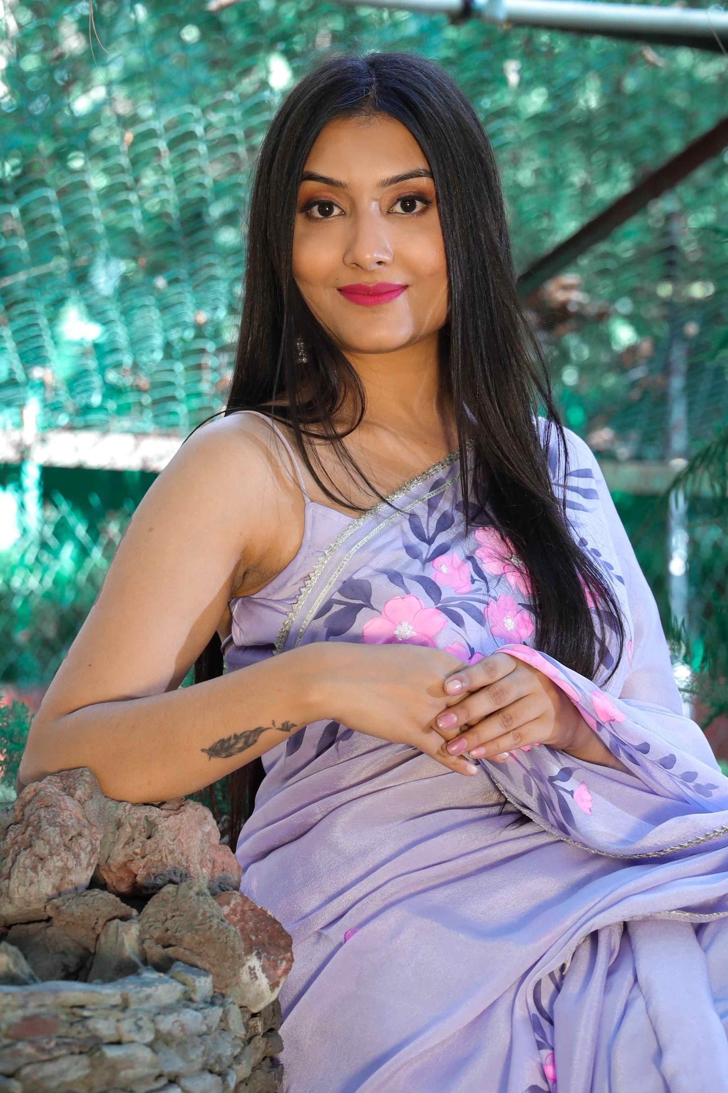 Hand-Painted Lavender Crepe Chiffon Saree with Fuchsia Flowers and Pigeons - Sequin and Bead Embroidery. Perfect for Party Wear, Engagement, or Farewell Saree Look. This Pure Silk Saree Features Exquisite Cloth Painting and Textile Paint for Fabric. Elevate Your Saree Style with Traditional and Stylish Indian Saree Design
