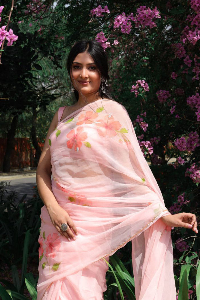 PEACH HIBISCUS CHIFFON SAREE