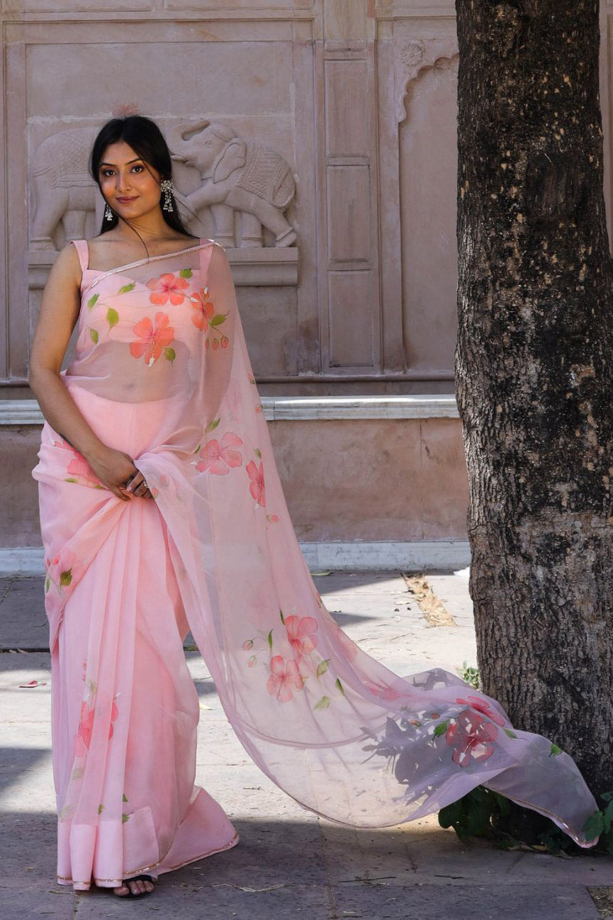 PEACH HIBISCUS CHIFFON SAREE