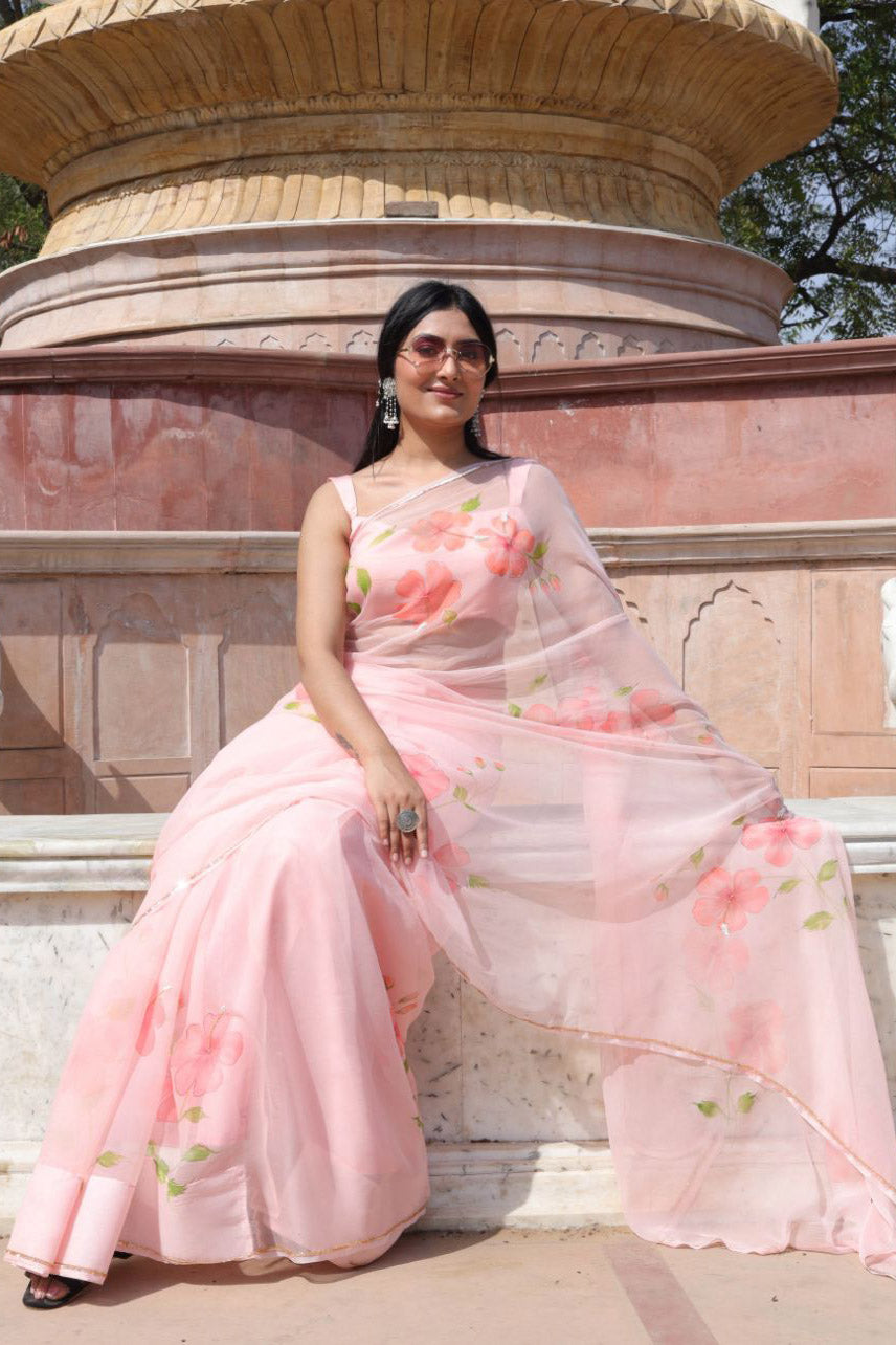 PEACH HIBISCUS CHIFFON SAREE