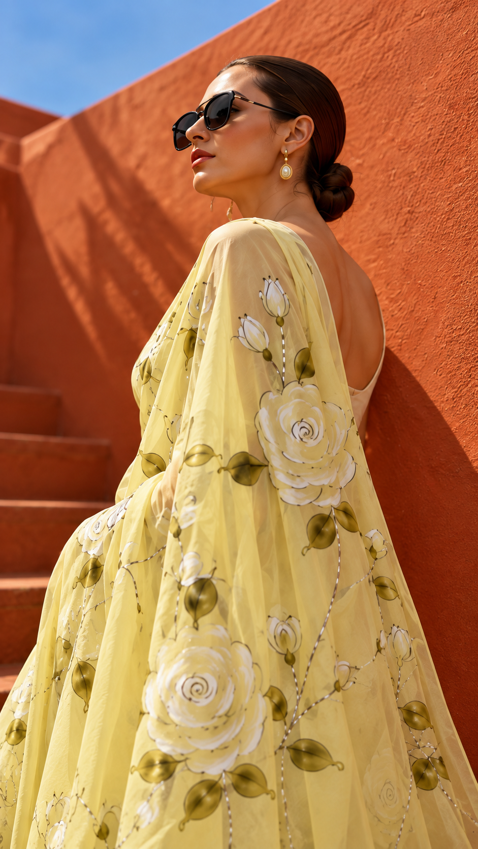 White Rose Hand-Painted Lime Yellow Organza Saree