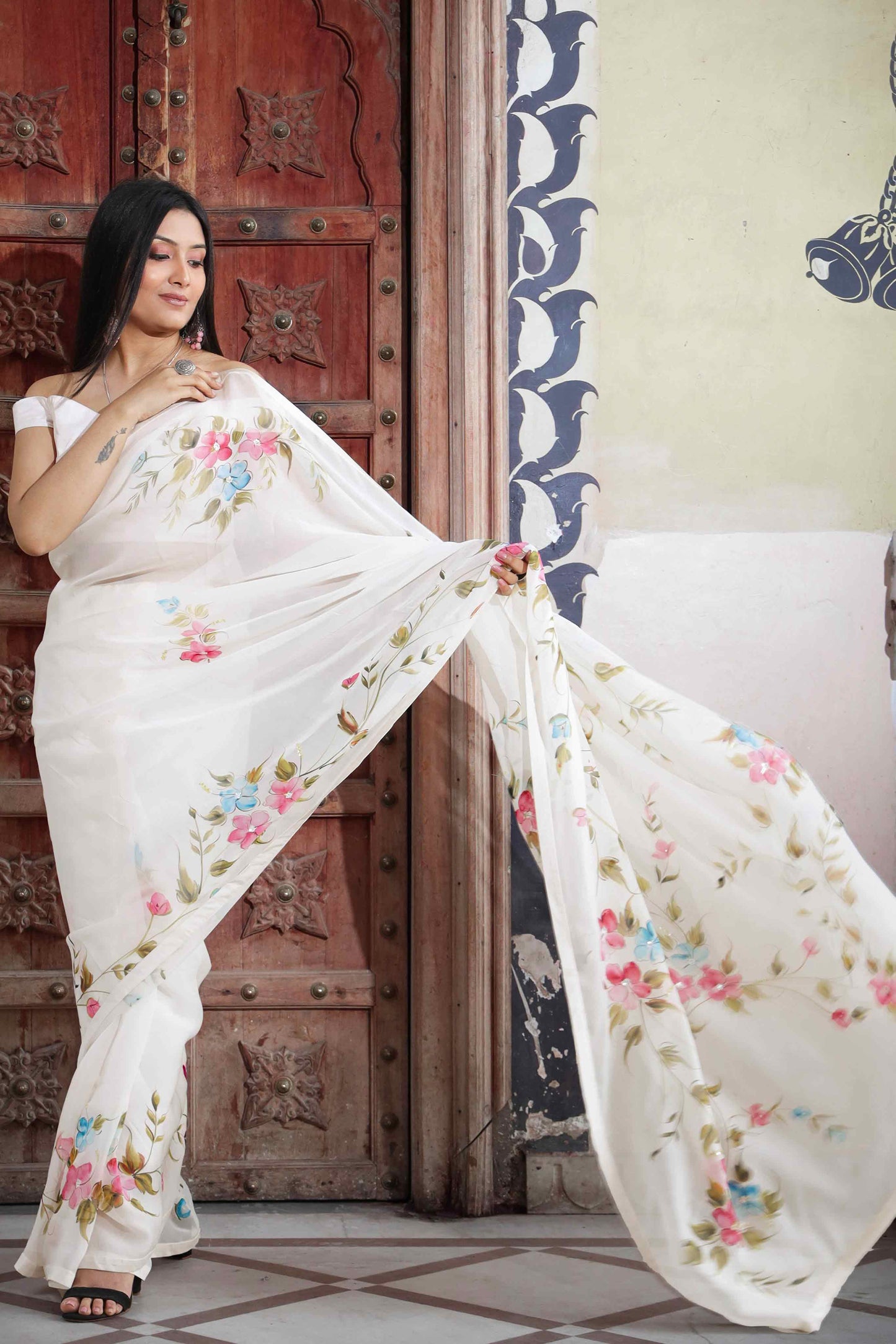 Off-White Organza Saree with Hand-Painted Multi-Color Flowers and Sequin Embroidery - Perfect for a Party, Farewell, or Any Occasion - Latest Saree Blouse Designs - Organza Saree Party Wear - Floral Organza Saree - Easy Hand-Painted Saree Design - Hand Painting on Saree - Elegant Hand-Painted Saree Look