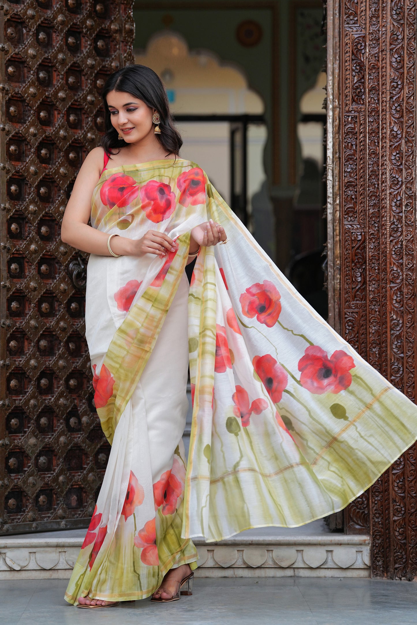 WHITE COLOR POPPY FIELD CHANDERI SAREE