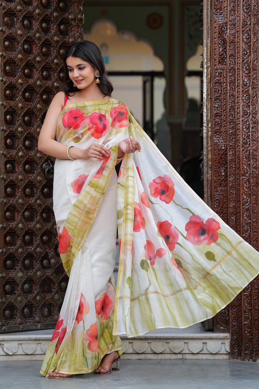 WHITE COLOR POPPY FIELD CHANDERI SAREE