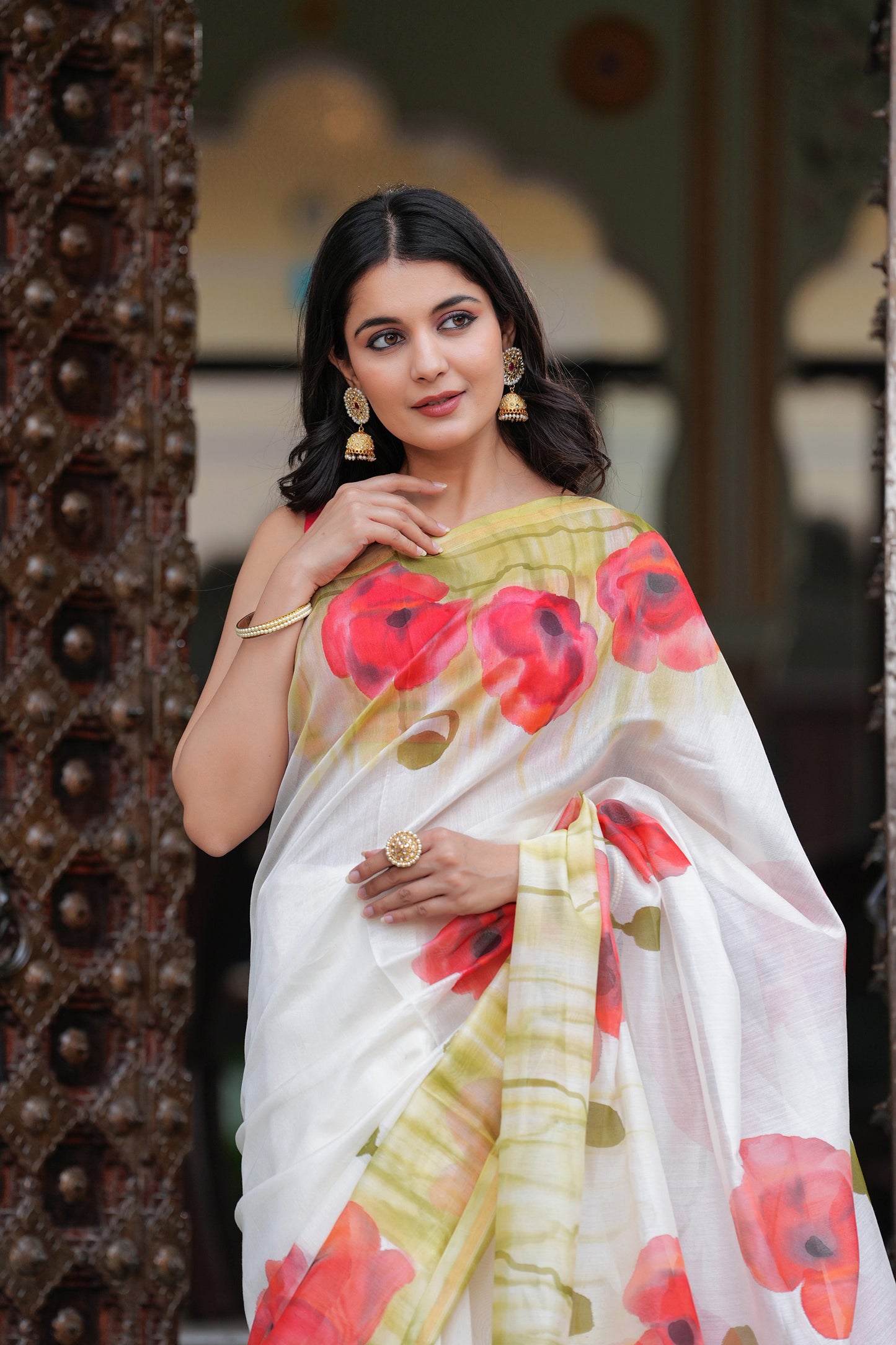 WHITE COLOR POPPY FIELD CHANDERI SAREE