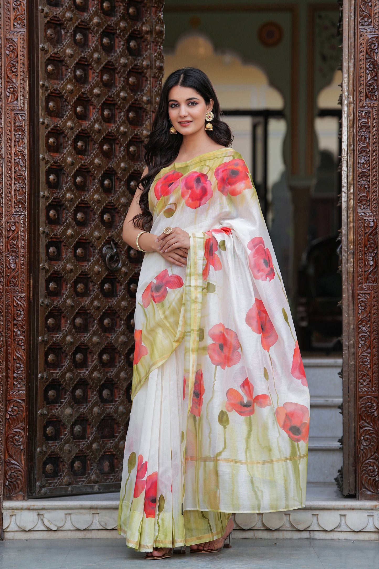 WHITE COLOR POPPY FIELD CHANDERI SAREE