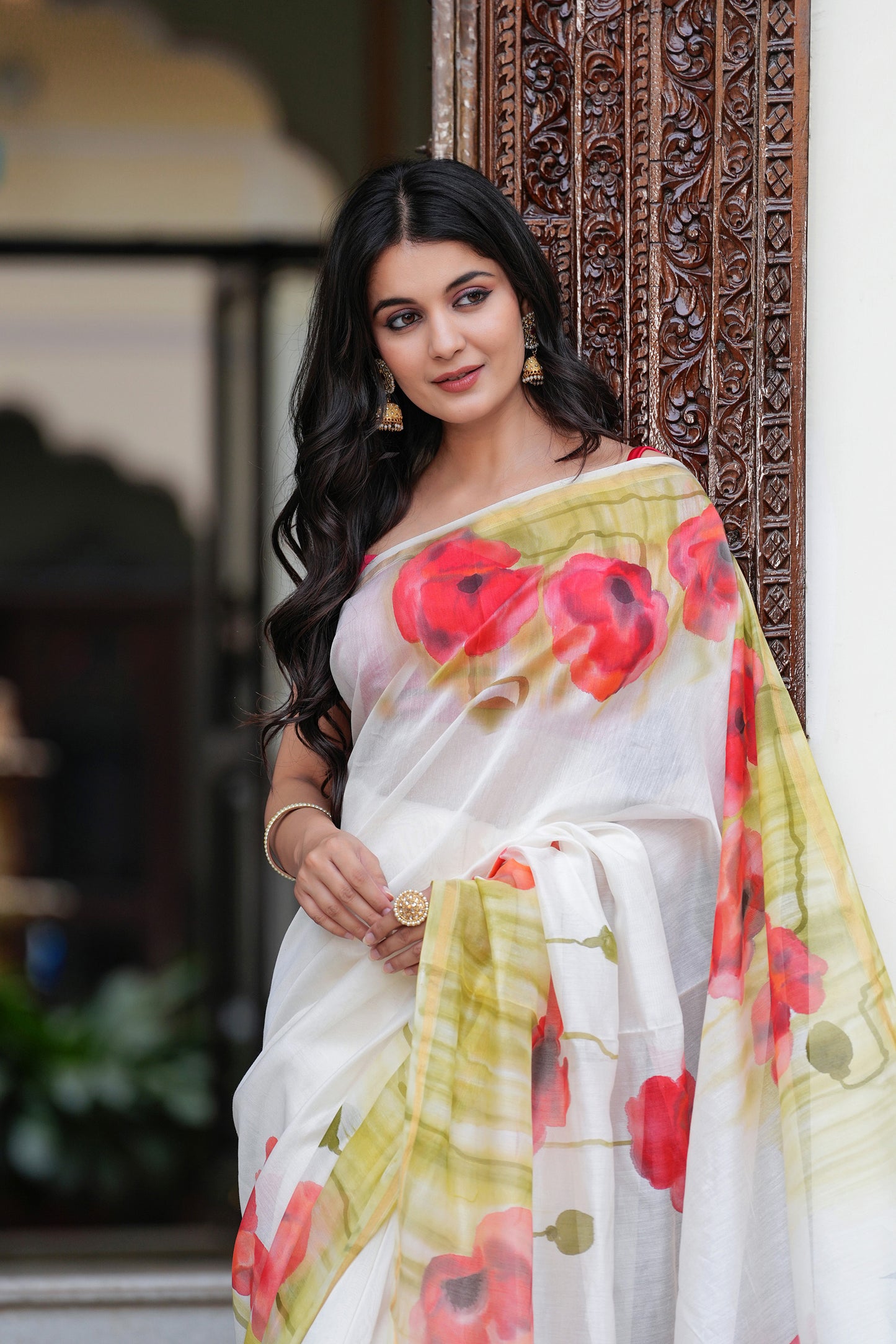 WHITE COLOR POPPY FIELD CHANDERI SAREE