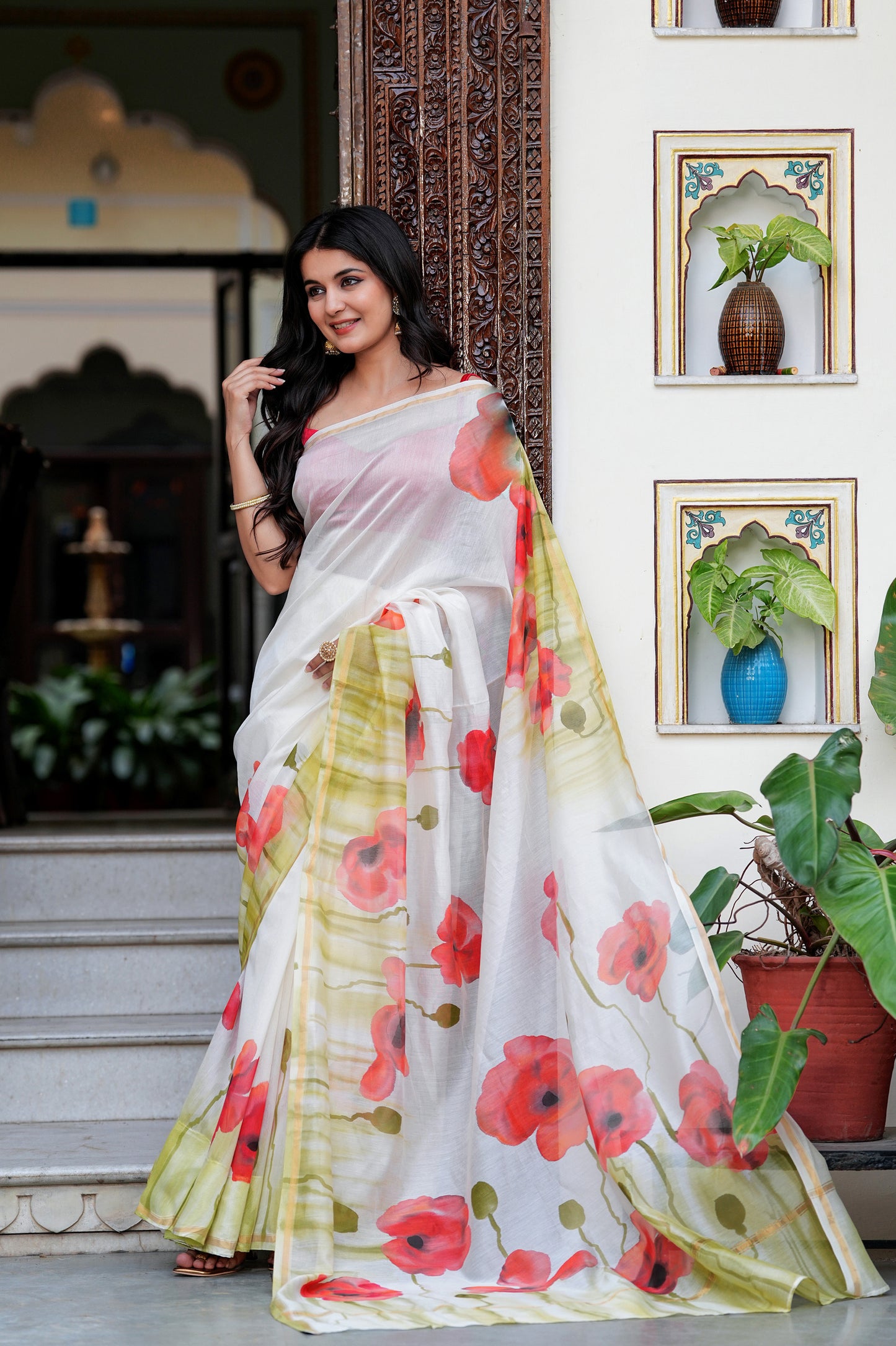 WHITE COLOR POPPY FIELD CHANDERI SAREE