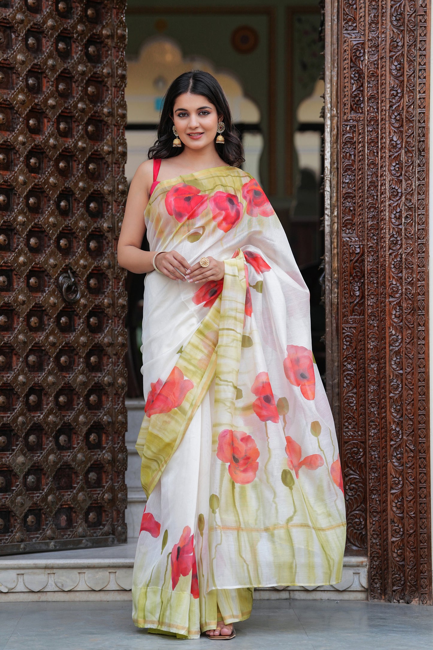 WHITE COLOR POPPY FIELD CHANDERI SAREE