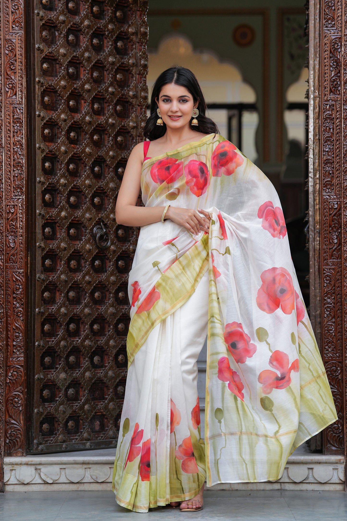 WHITE COLOR POPPY FIELD CHANDERI SAREE