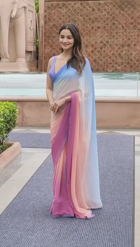 Explore our latest collection of hand-dyed chiffon sarees, inspired by Bollywood actress Alia Bhatt. These fancy, elegant sarees feature the most popular ombre-dyed and tie-and-dye designs. Discover the latest trends in sarees for 2023, showcasing the beautiful and unique work of designer Manish Malhotra.