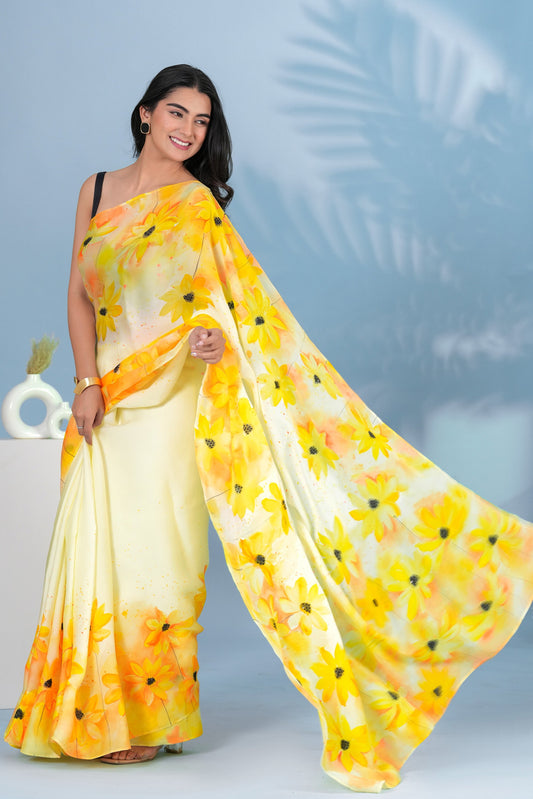 HAND PAINTED SWAMP FLOWER SATIN ORGANZA SAREE