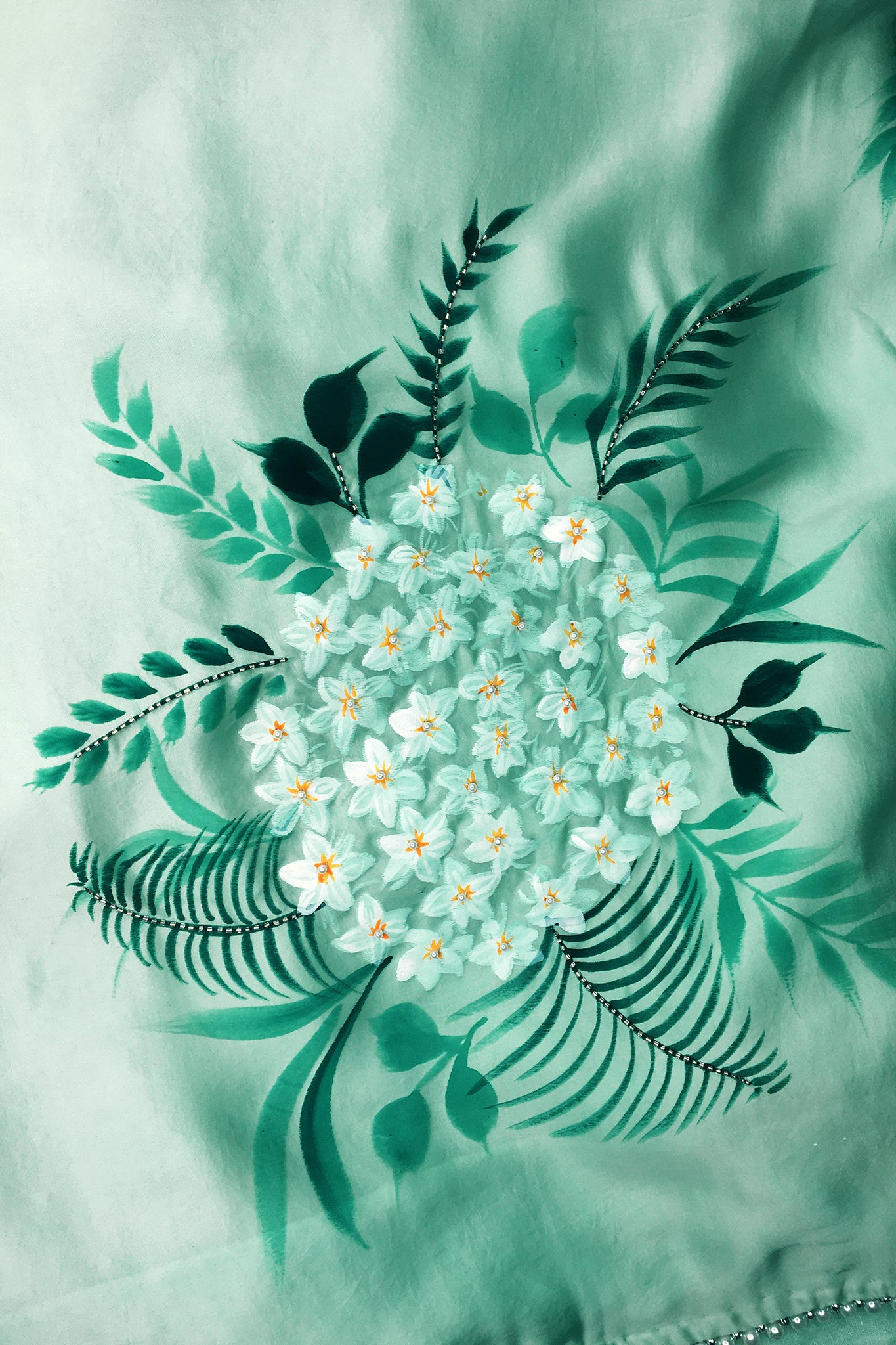 TROPICAL GREEN SILK SATIN SAREE