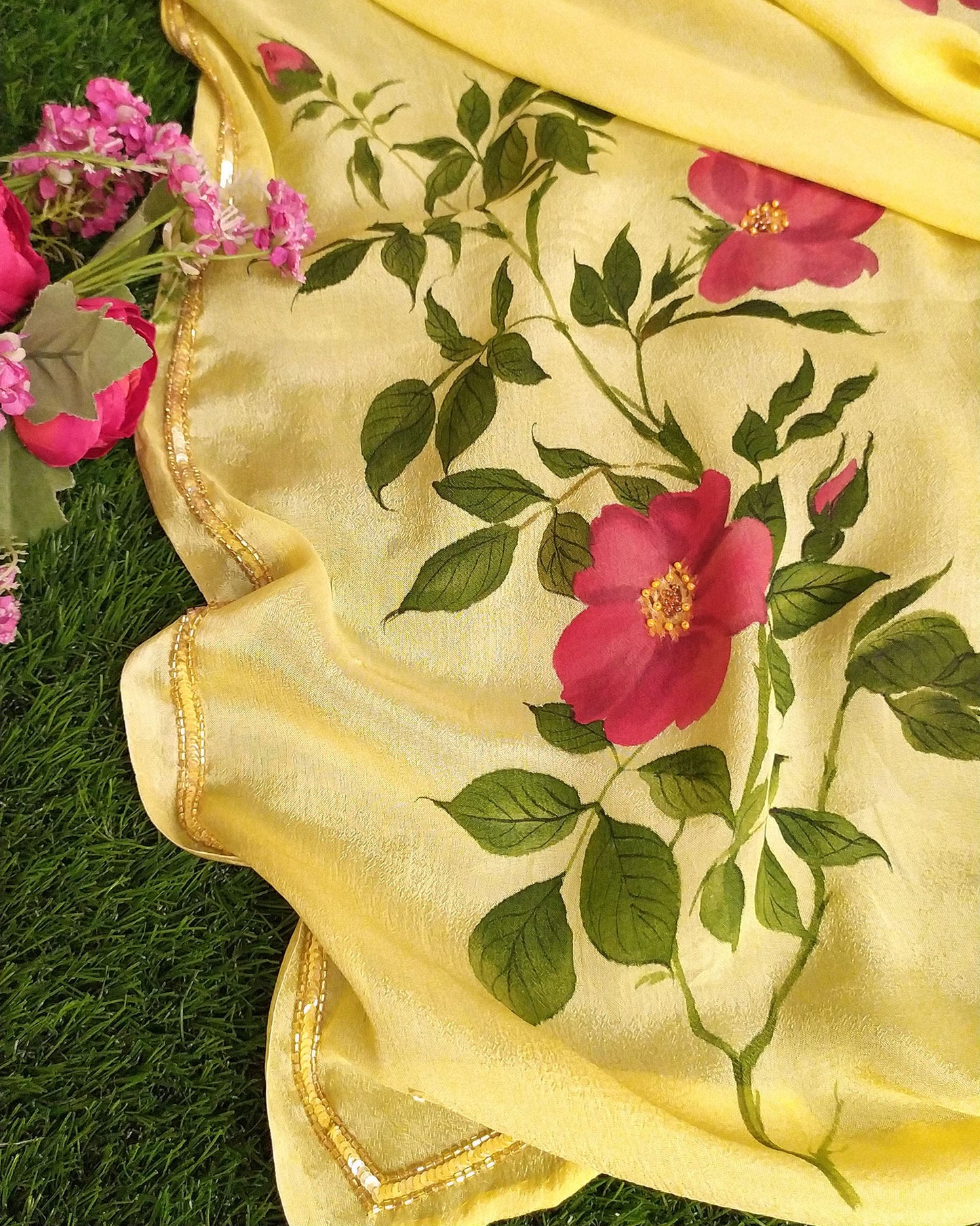Explore our hand-painted sarees, a fusion of artistry and elegance. Find the perfect hand-paint sari, whether it's a floral chiffon saree for a funky look or a beautiful handloom saree that's trending now. Elevate your style with a Bollywood saree or go rustic with a crêpe silk embroidered saree. Discover the finest in craftsmanship and fashion.