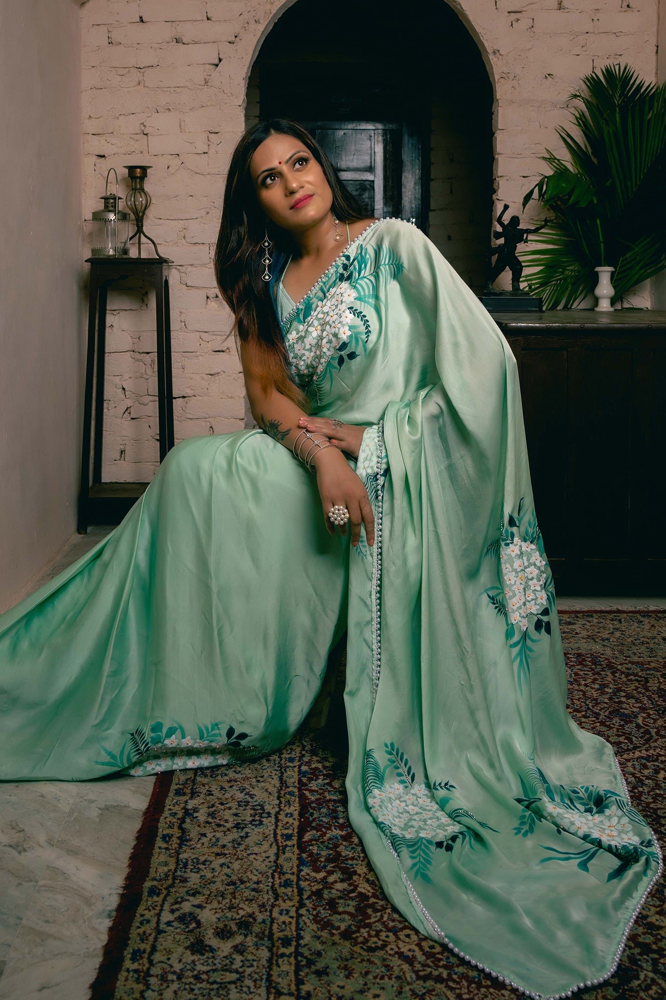 TROPICAL GREEN SILK SATIN SAREE