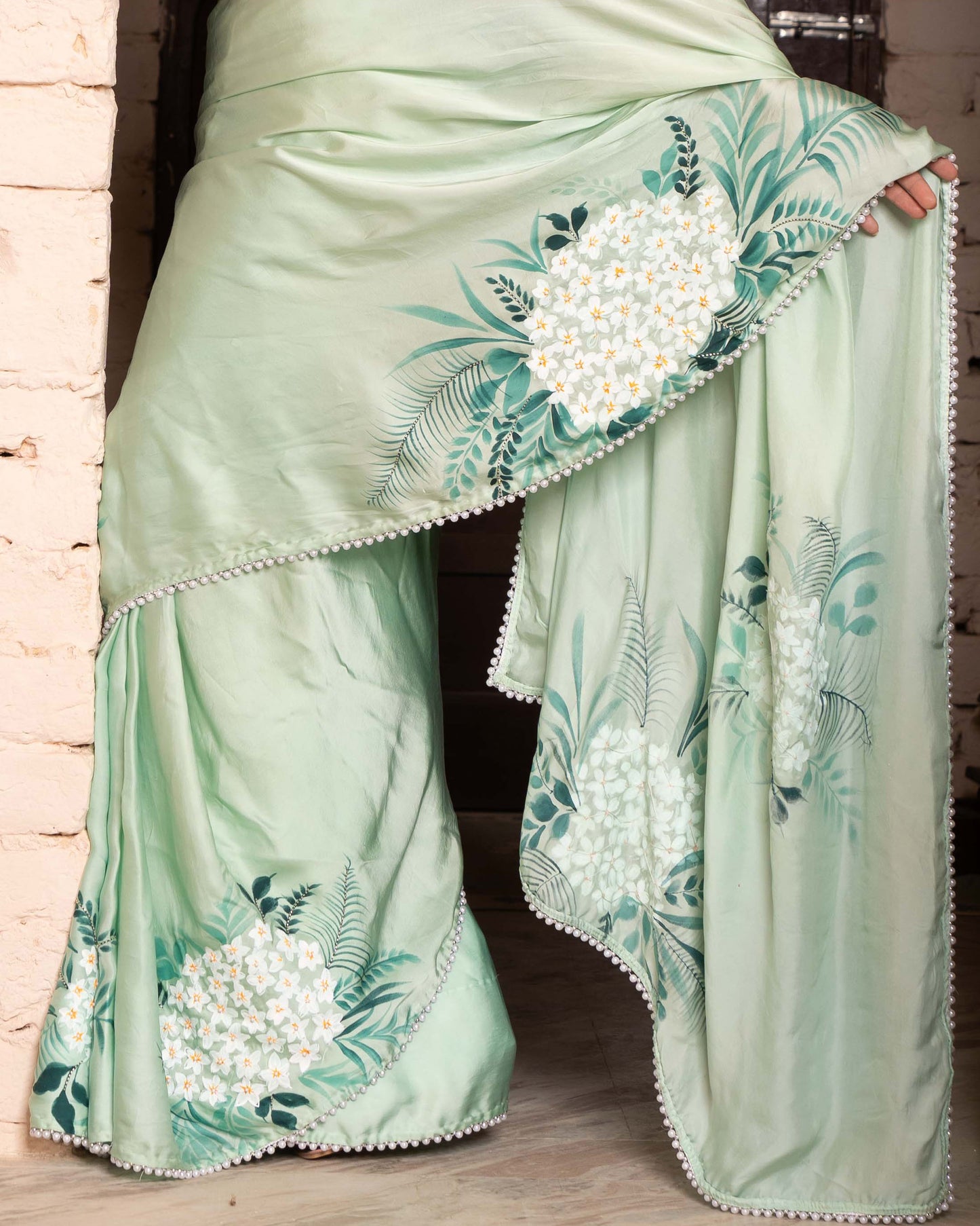 TROPICAL GREEN SILK SATIN SAREE