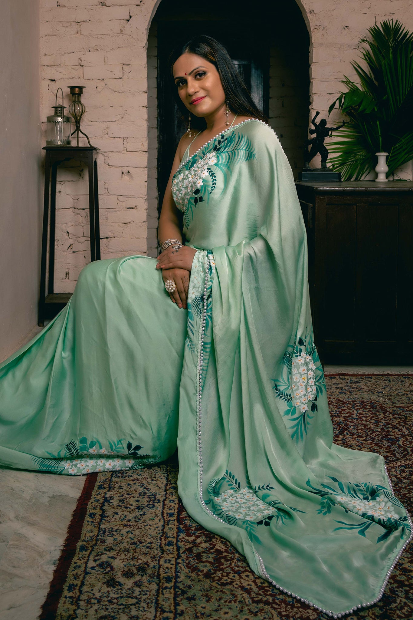 TROPICAL GREEN SILK SATIN SAREE