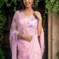 hand painted hibiscus flowers on soft pink chiffon  saree enhanced with sequin and pearl embroidery.
