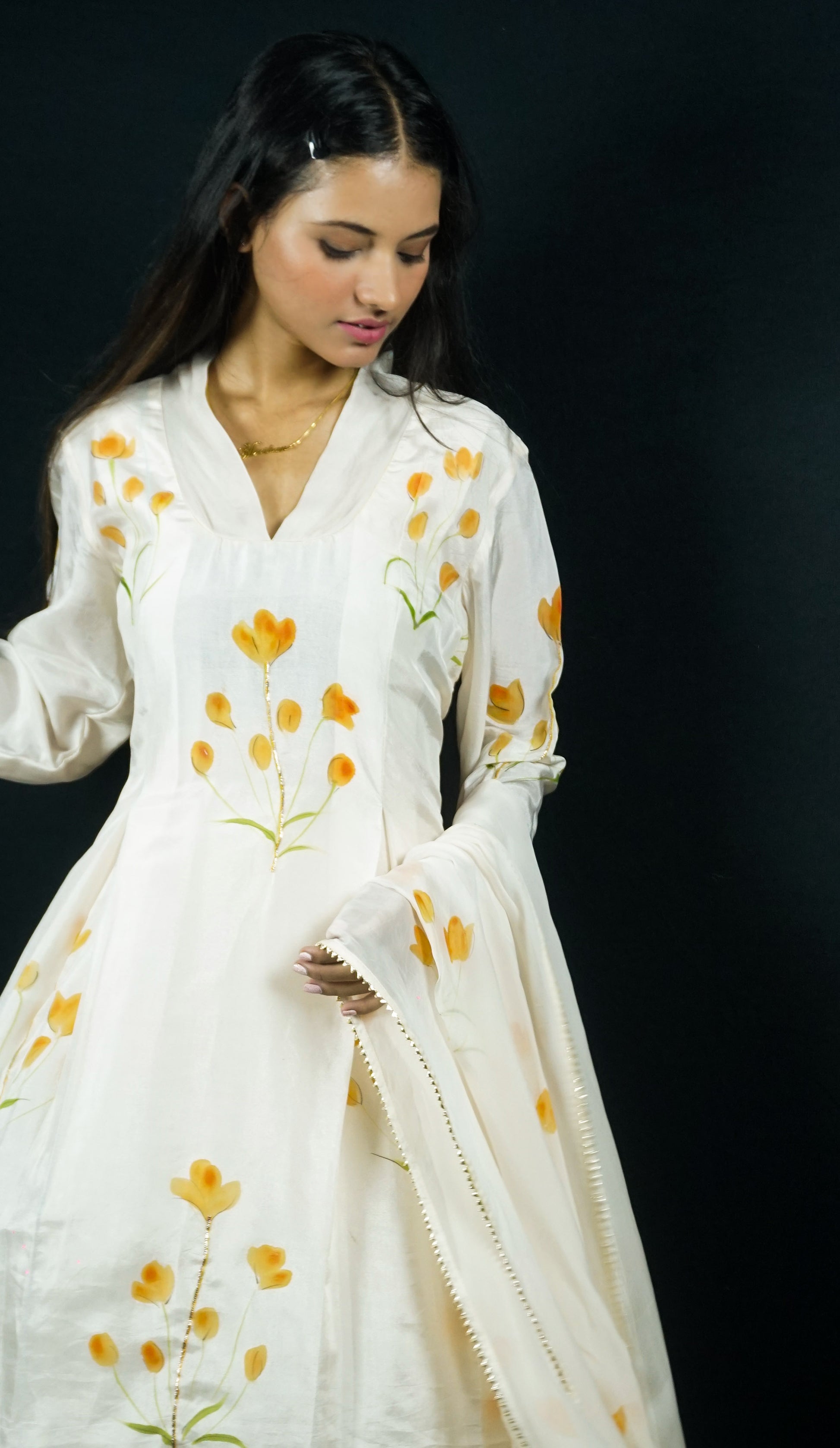 Hand painted suits with dupatta in silk fabric, orange lily flowers painted on silk a-line  suit paired with painted organza dupatta and silk pants