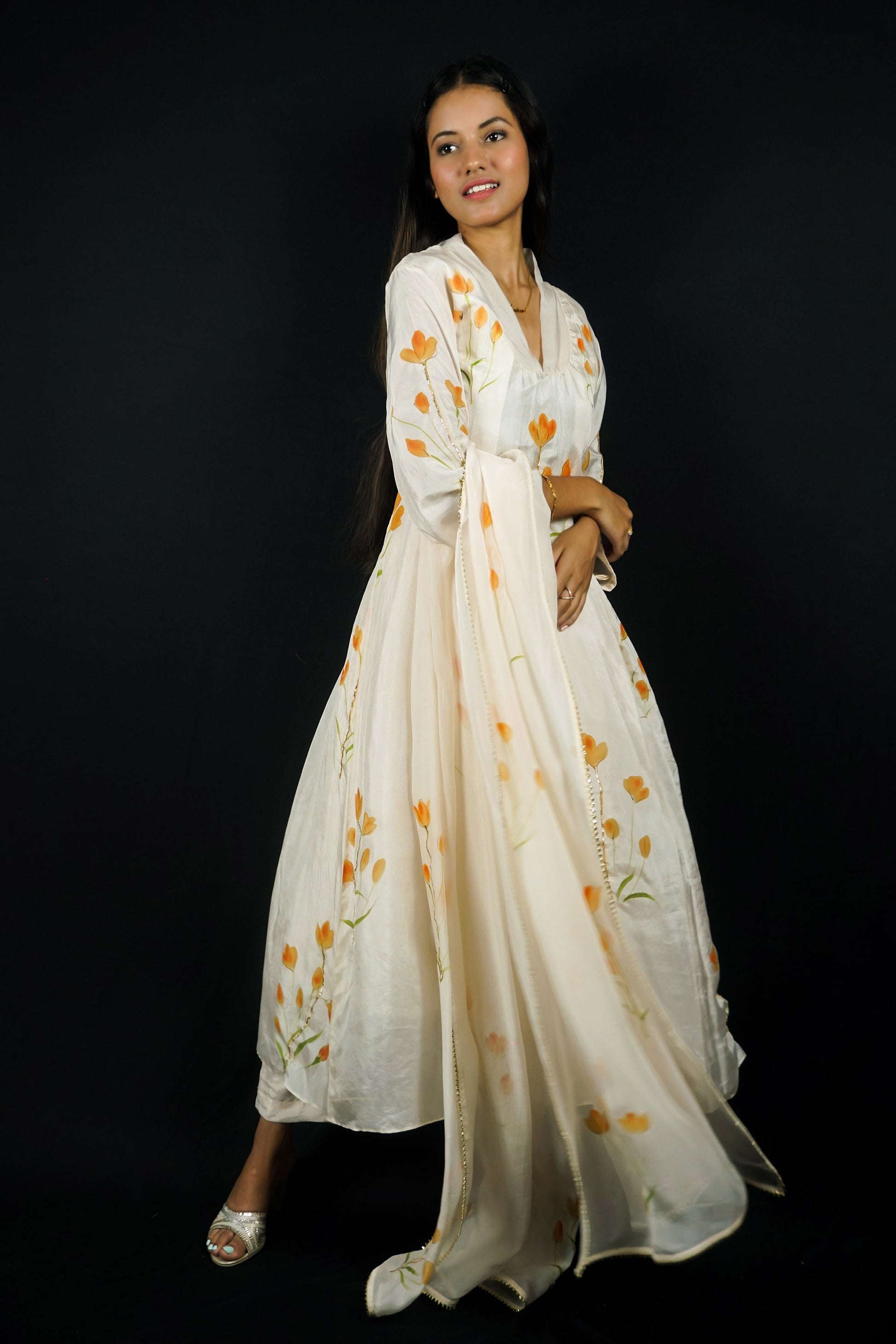 Hand painted suits with dupatta in silk fabric, orange lily flowers painted on silk a-line  suit paired with painted organza dupatta and silk pants
