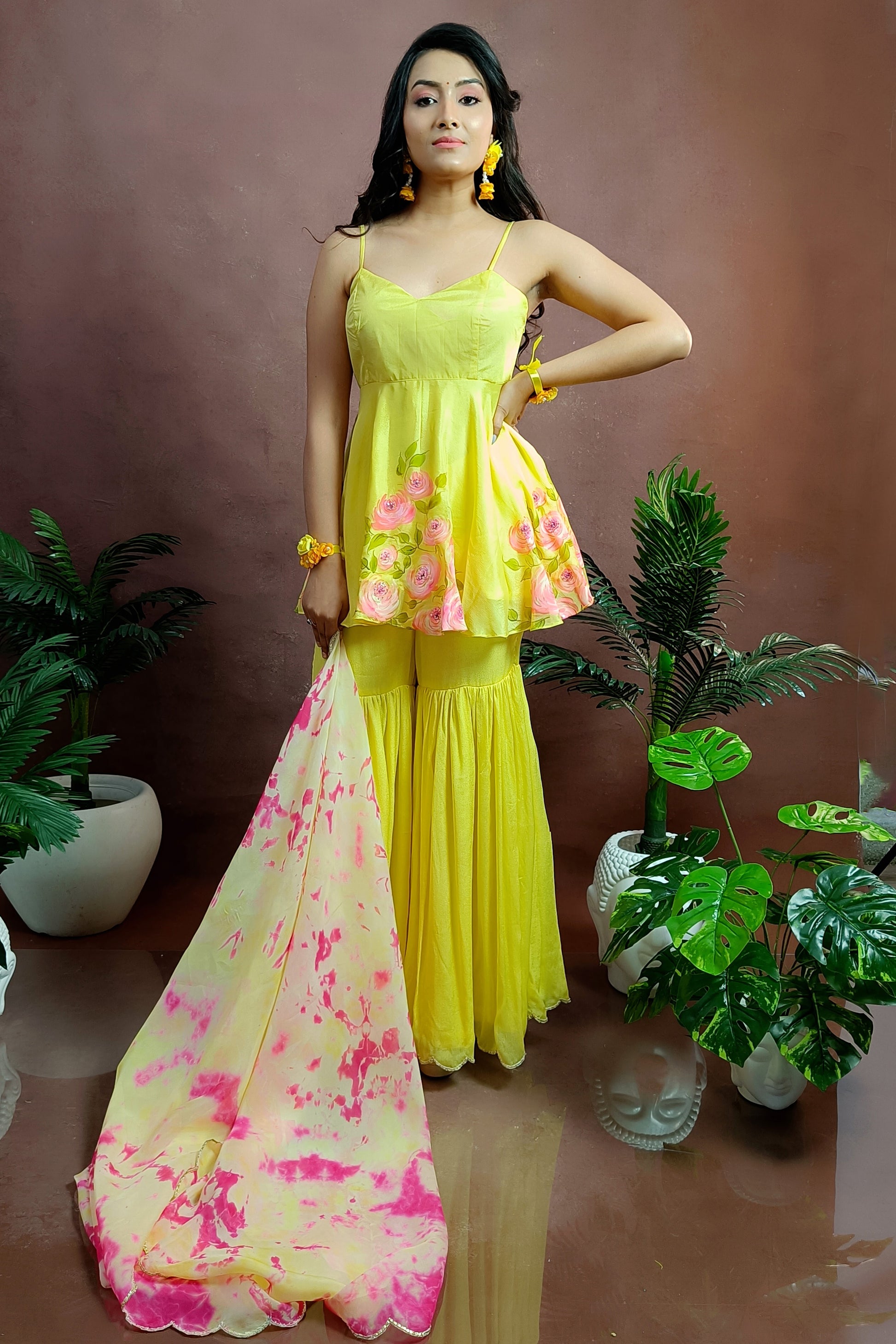 Hand painted yellow rose sharara for haldi function.