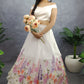 Hand painted hand embroidered winter garden organza lehenga in milky white color.