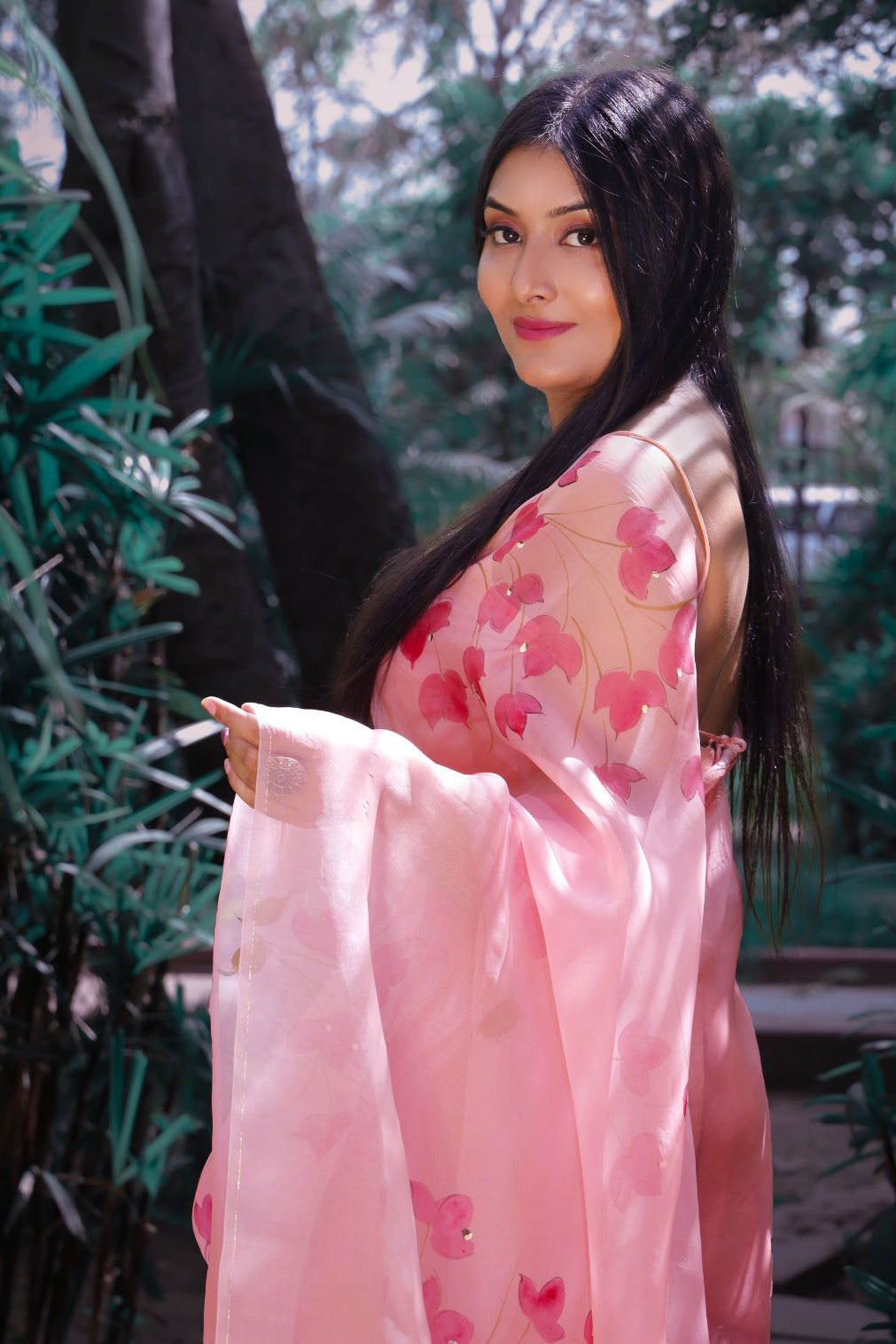 PEACH BOUGAINVILLEA ORGANZA SAREE