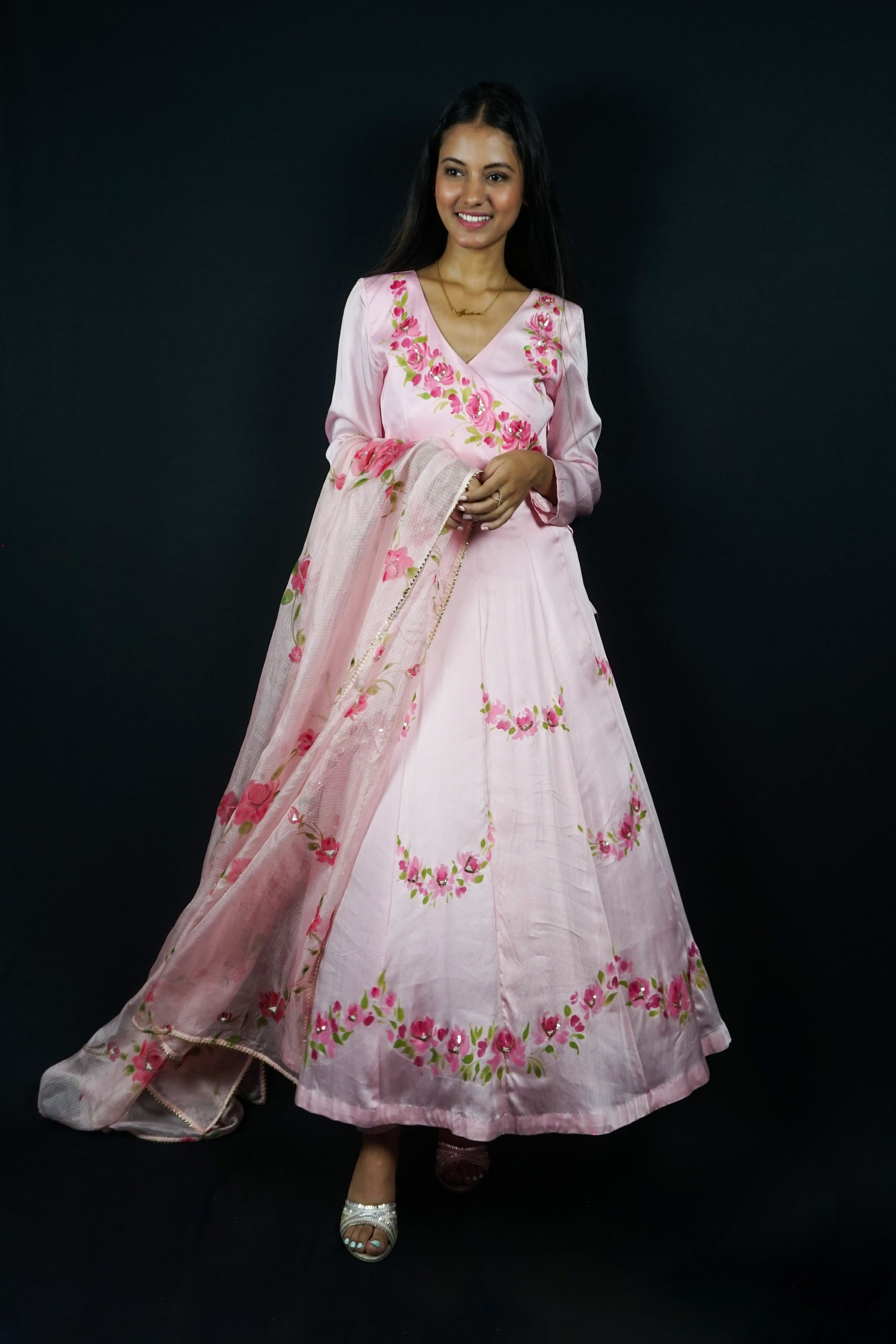 hand painted Anarkali with pants, hand paint rose flowers on pink modal satin paired with kota doria painted dupatta.