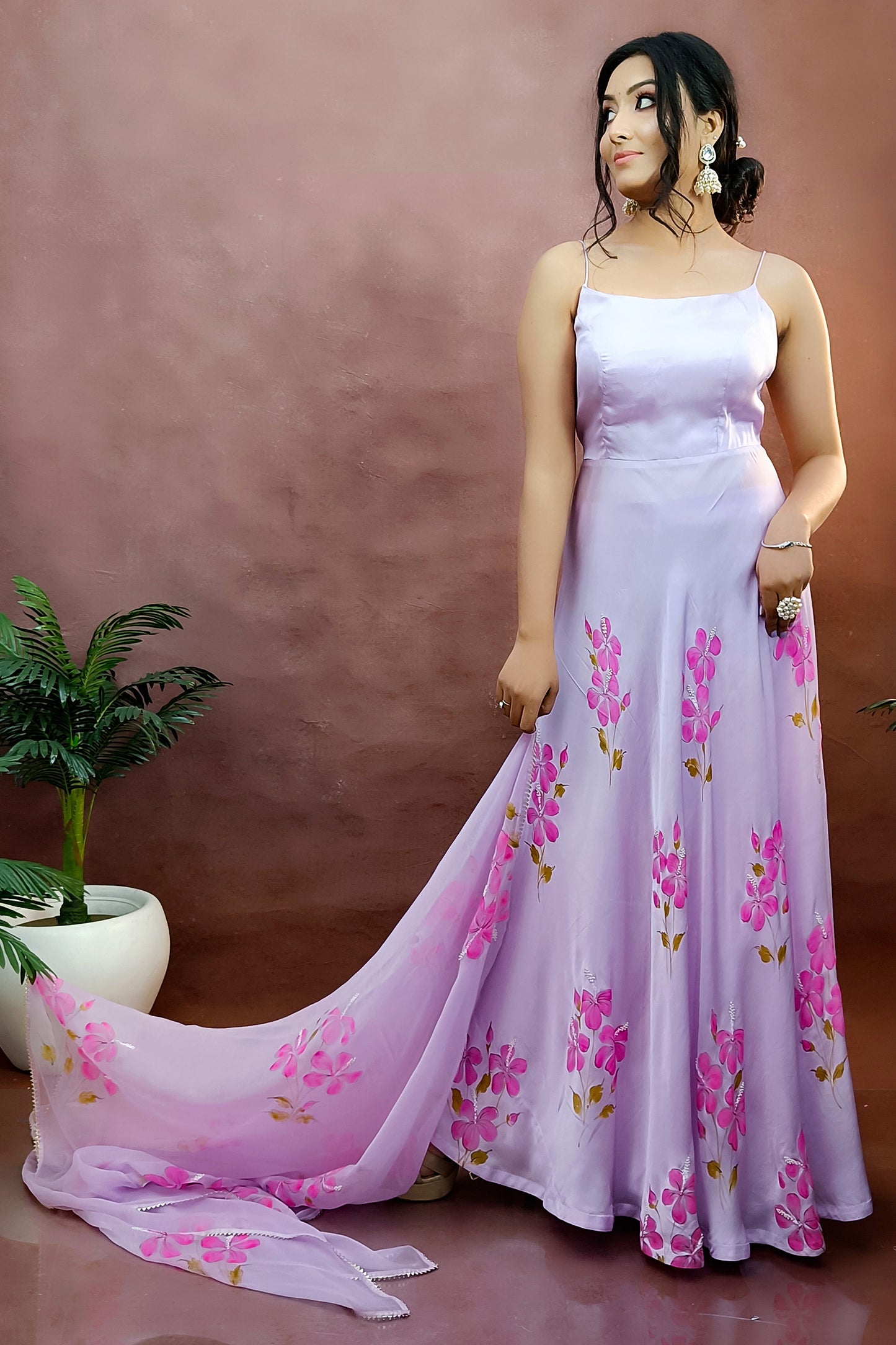 Lavender color modal satin anarkali hand painted hibiscus flowers, adorned with pearl embroidery