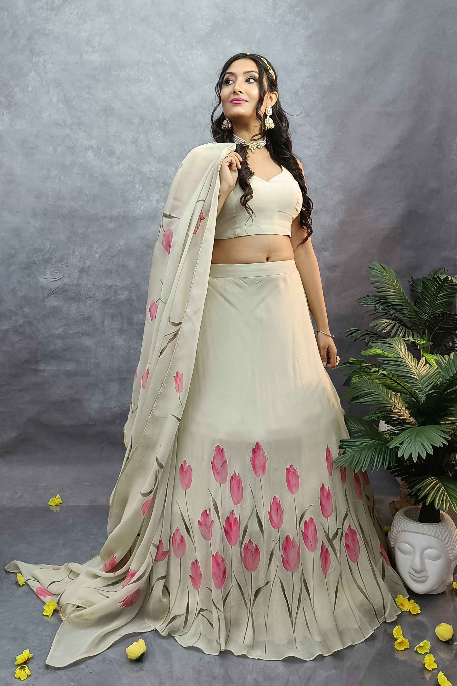 Hand-painted light grass dreen organza lehenga with hand-painted dupatta