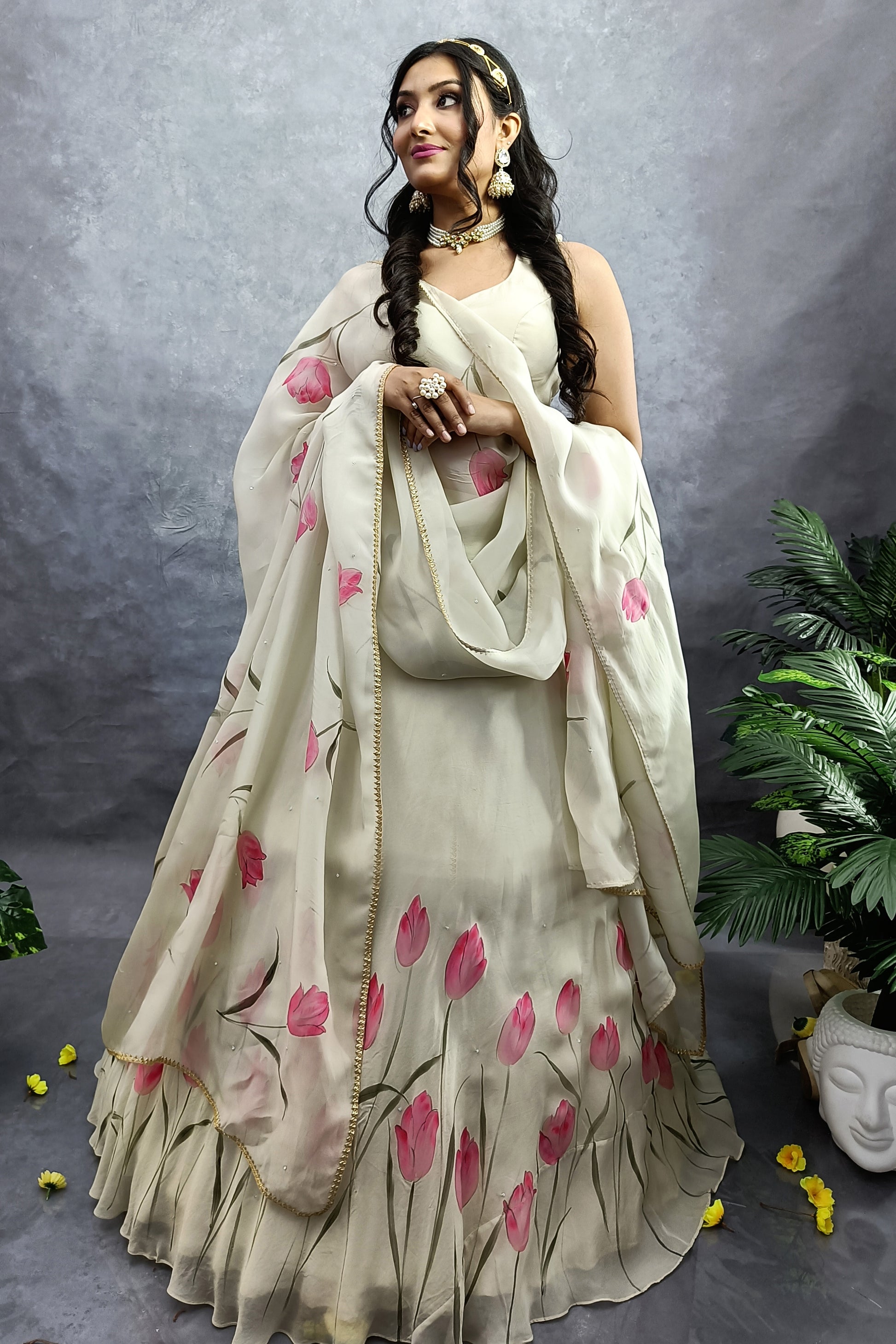 Hand-painted light grass dreen organza lehenga with hand-painted dupatta