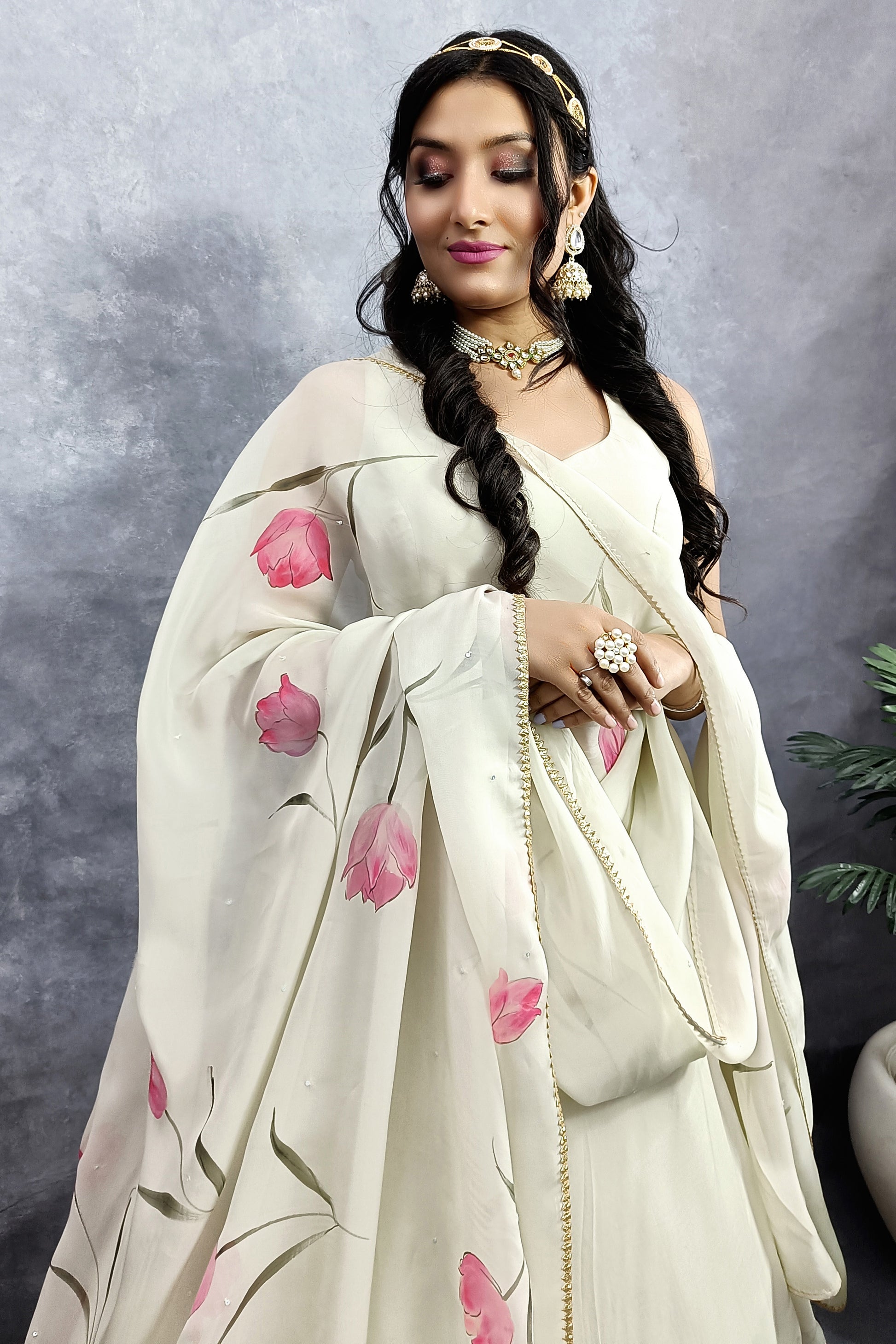 Hand-painted light grass dreen organza lehenga with hand-painted dupatta