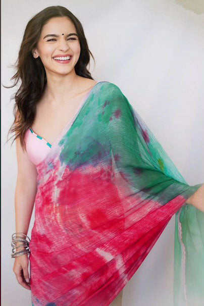 Orange & Pink Plus Size Tie and Dye Poly Chiffon Saree