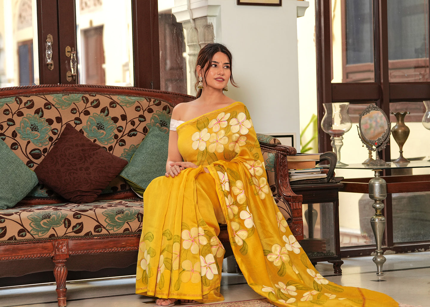 YELLOW PLUMERIA BLOOMS SAREE