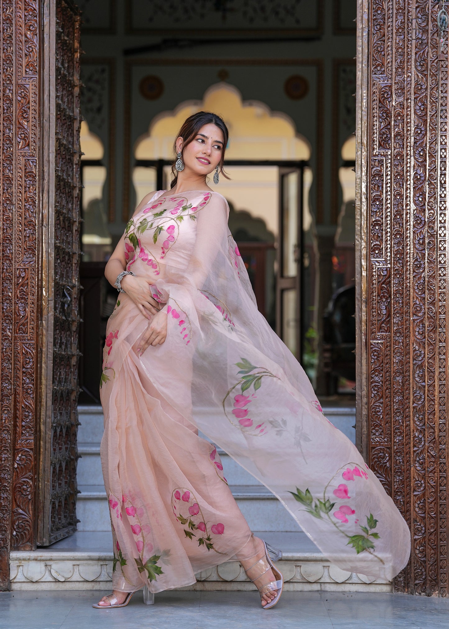 PEACH DICENTRA FLOWER SAREE