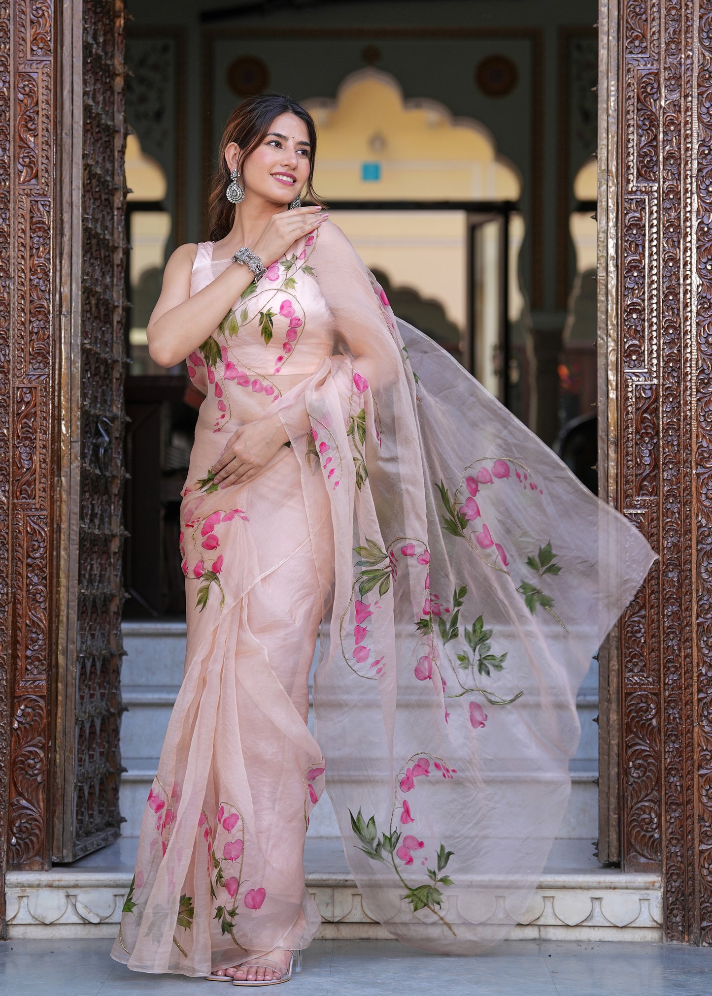 PEACH DICENTRA FLOWER SAREE