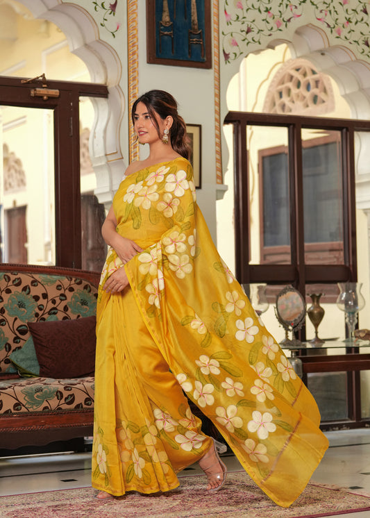 YELLOW PLUMERIA BLOOMS SAREE