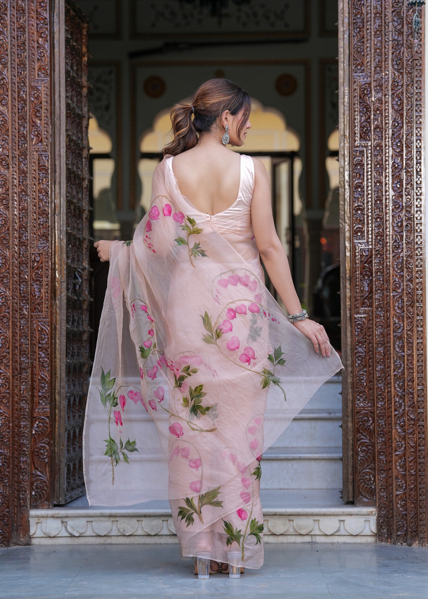 PEACH DICENTRA FLOWER SAREE