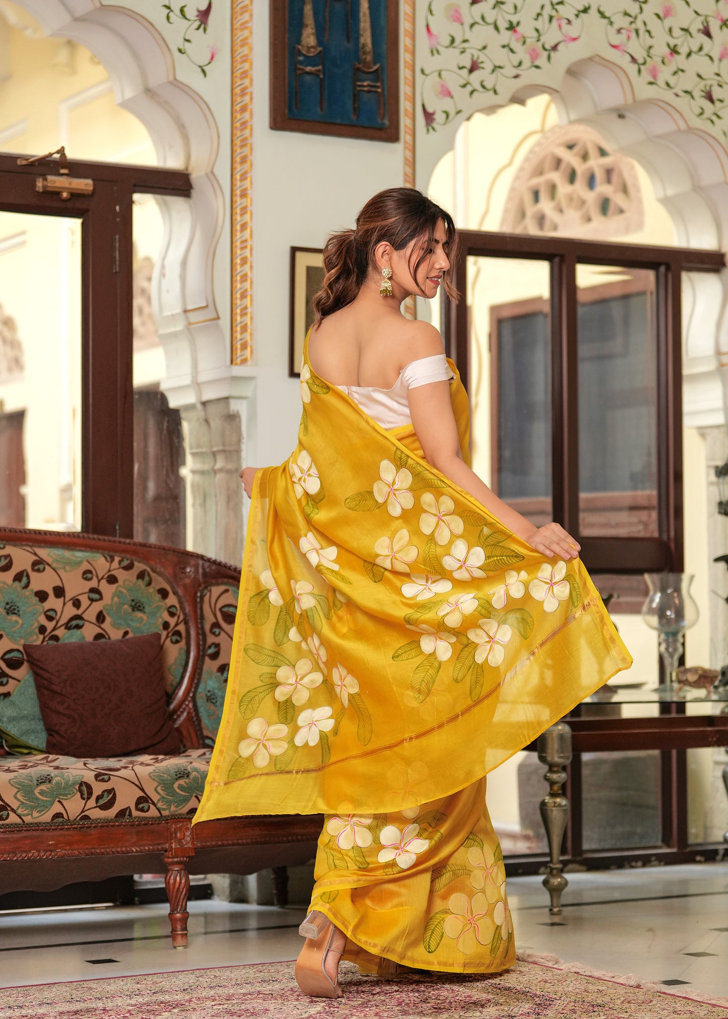 YELLOW PLUMERIA BLOOMS SAREE