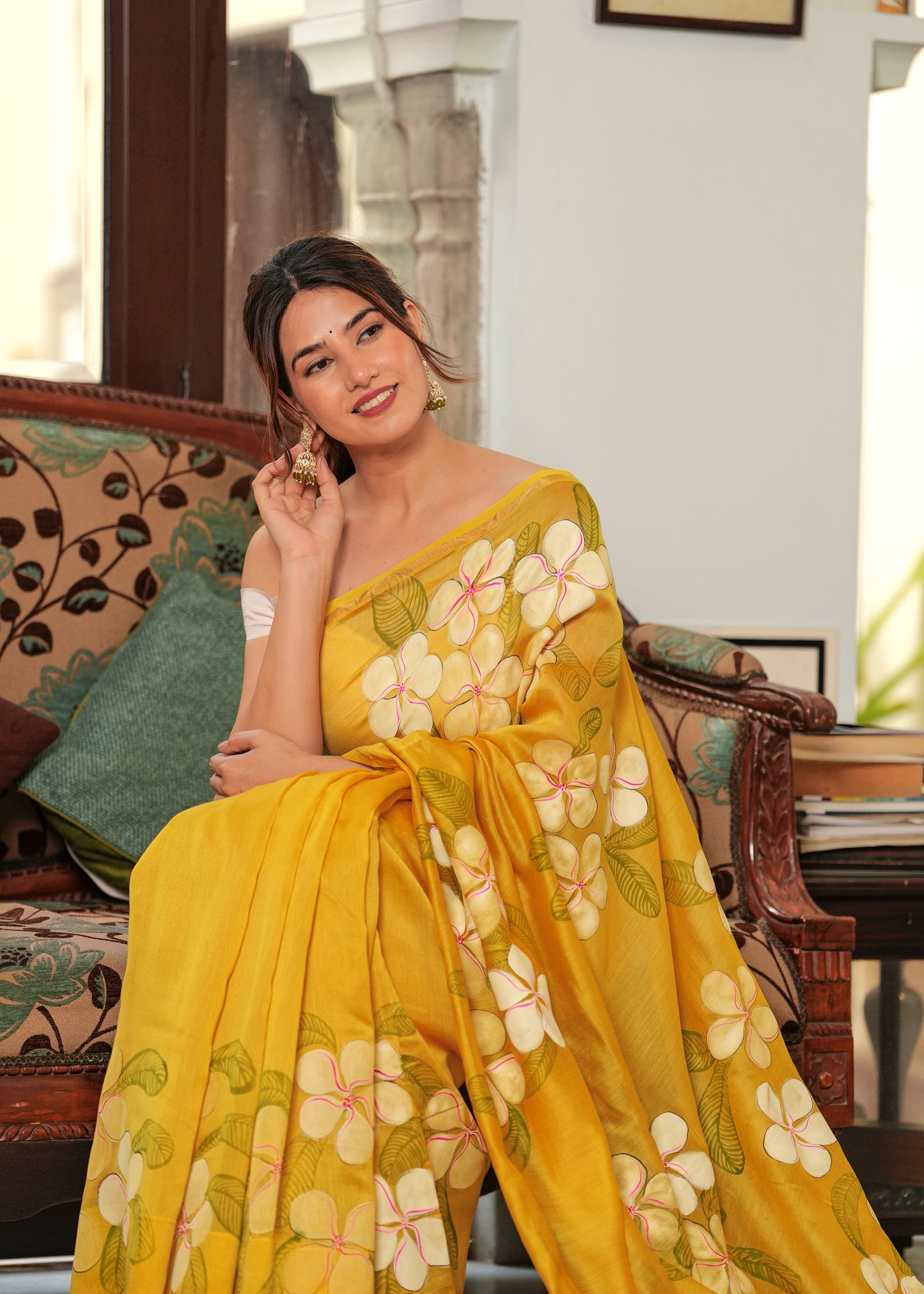 YELLOW PLUMERIA BLOOMS SAREE