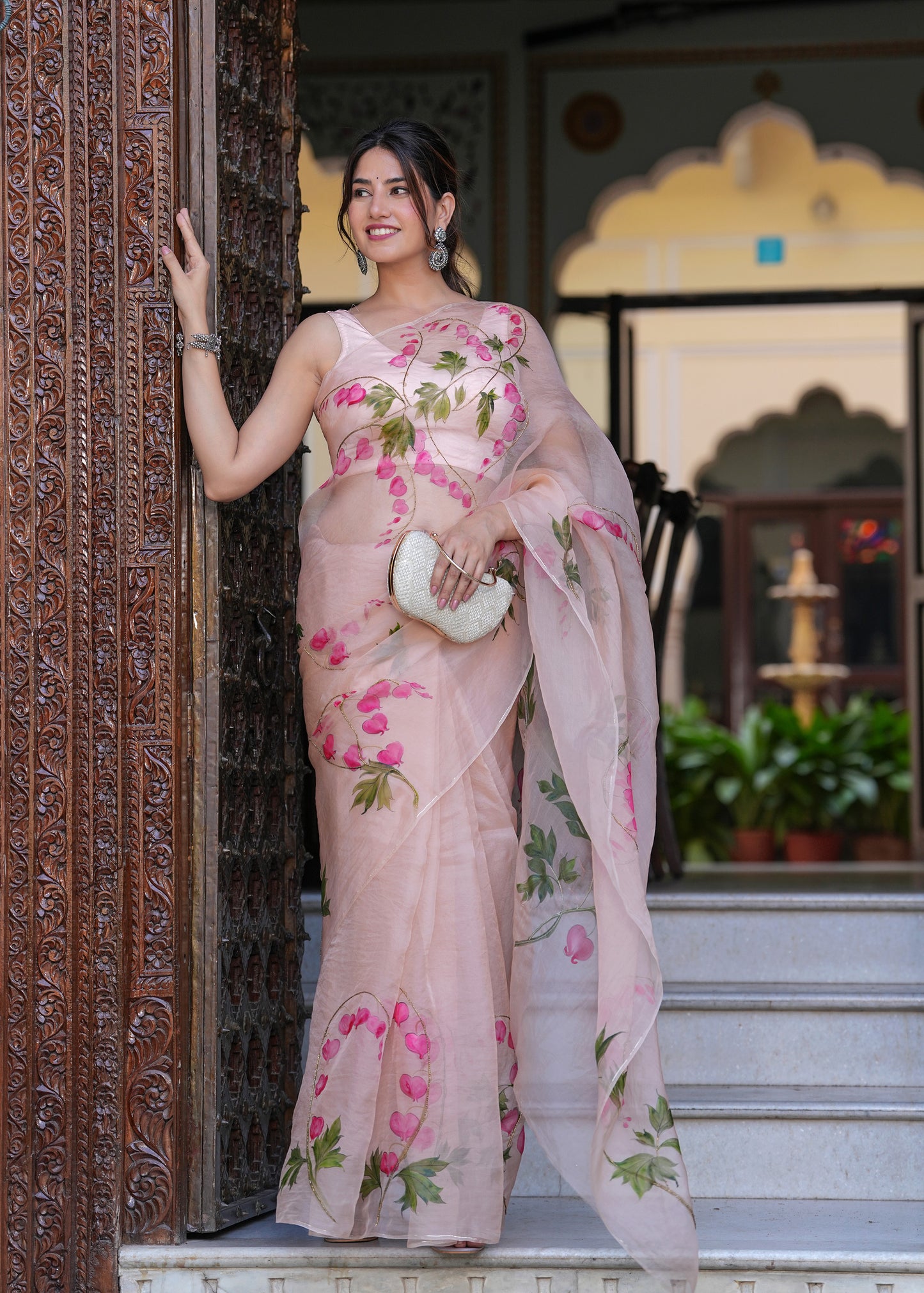 PEACH DICENTRA FLOWER SAREE