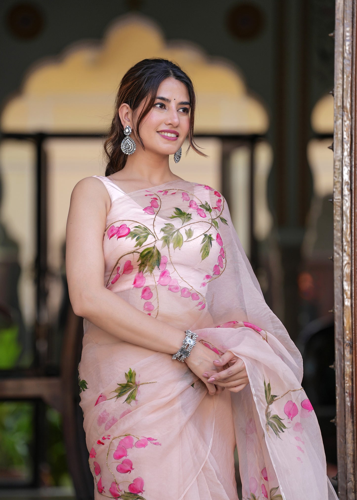 PEACH DICENTRA FLOWER SAREE